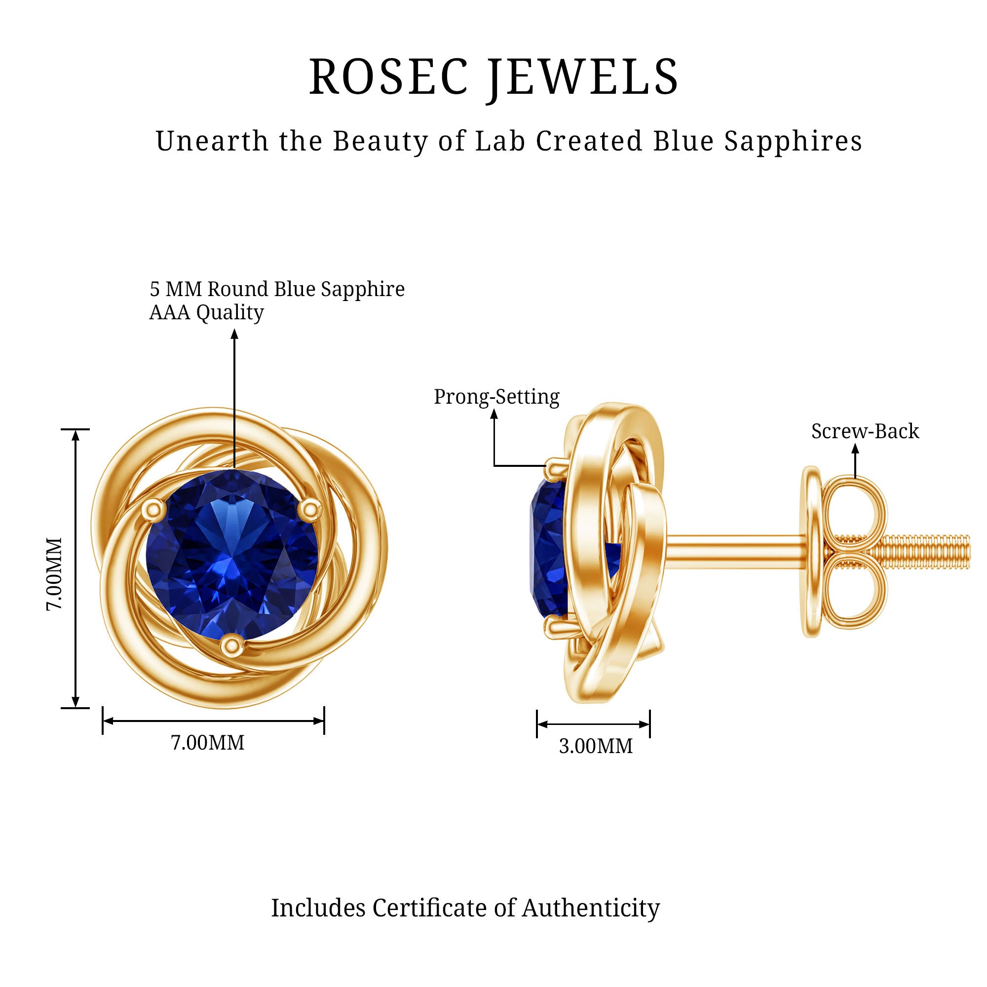 Created Blue Sapphire Solitaire Swirl Stud Earrings AAAA - Rosec Jewels