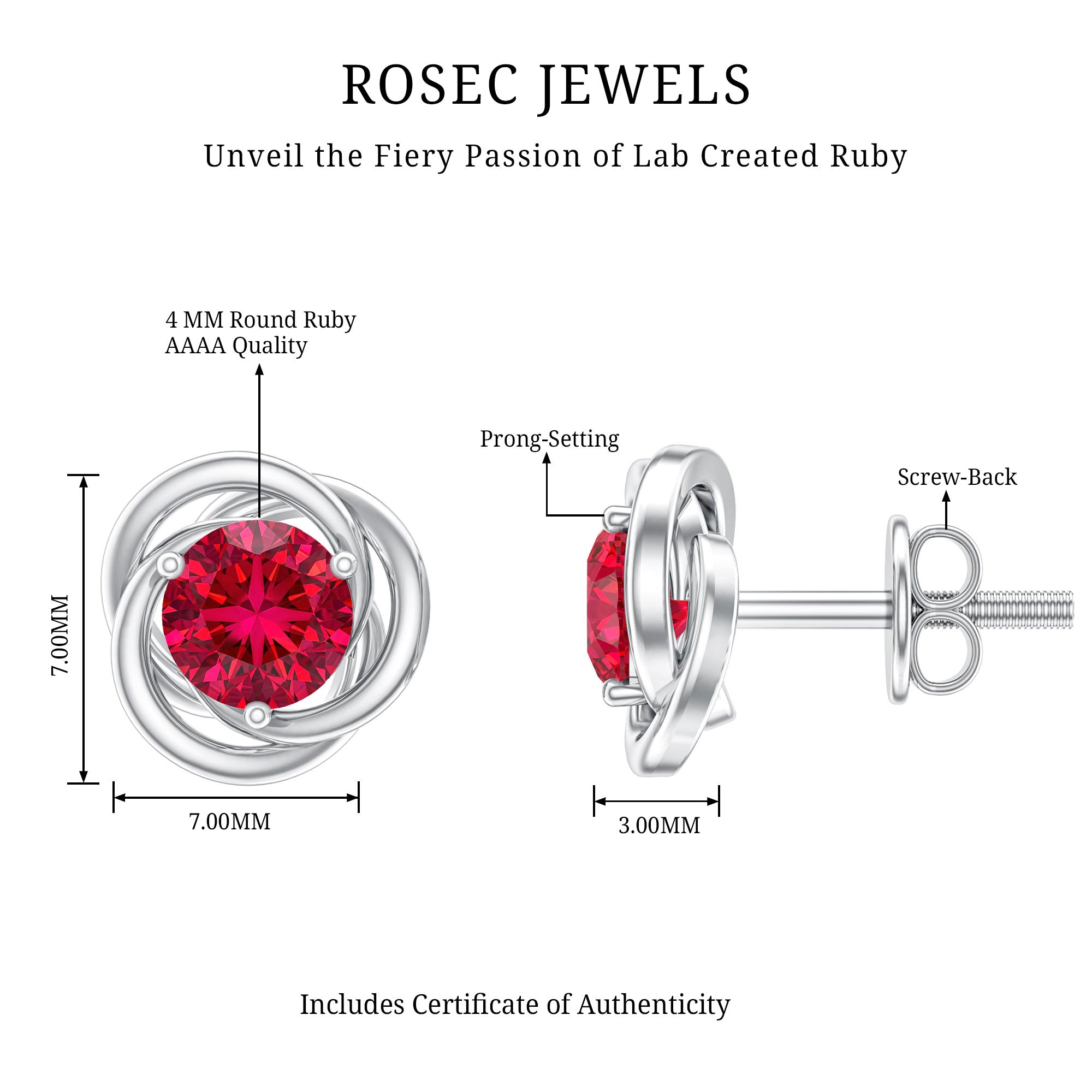Lab Created Ruby Swirl Stud Earrings with Screw Back AAAA - Rosec Jewels