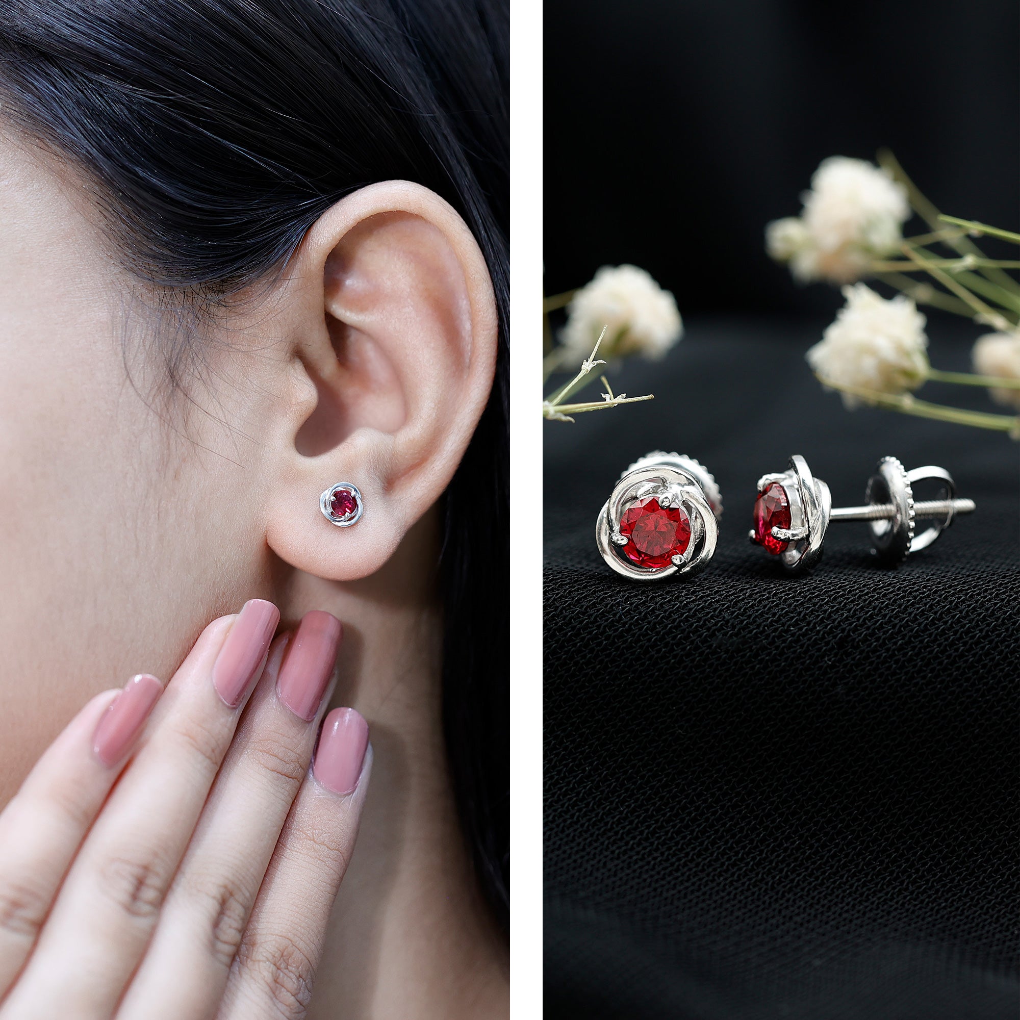 Lab Created Ruby Swirl Stud Earrings with Screw Back AAAA - Rosec Jewels