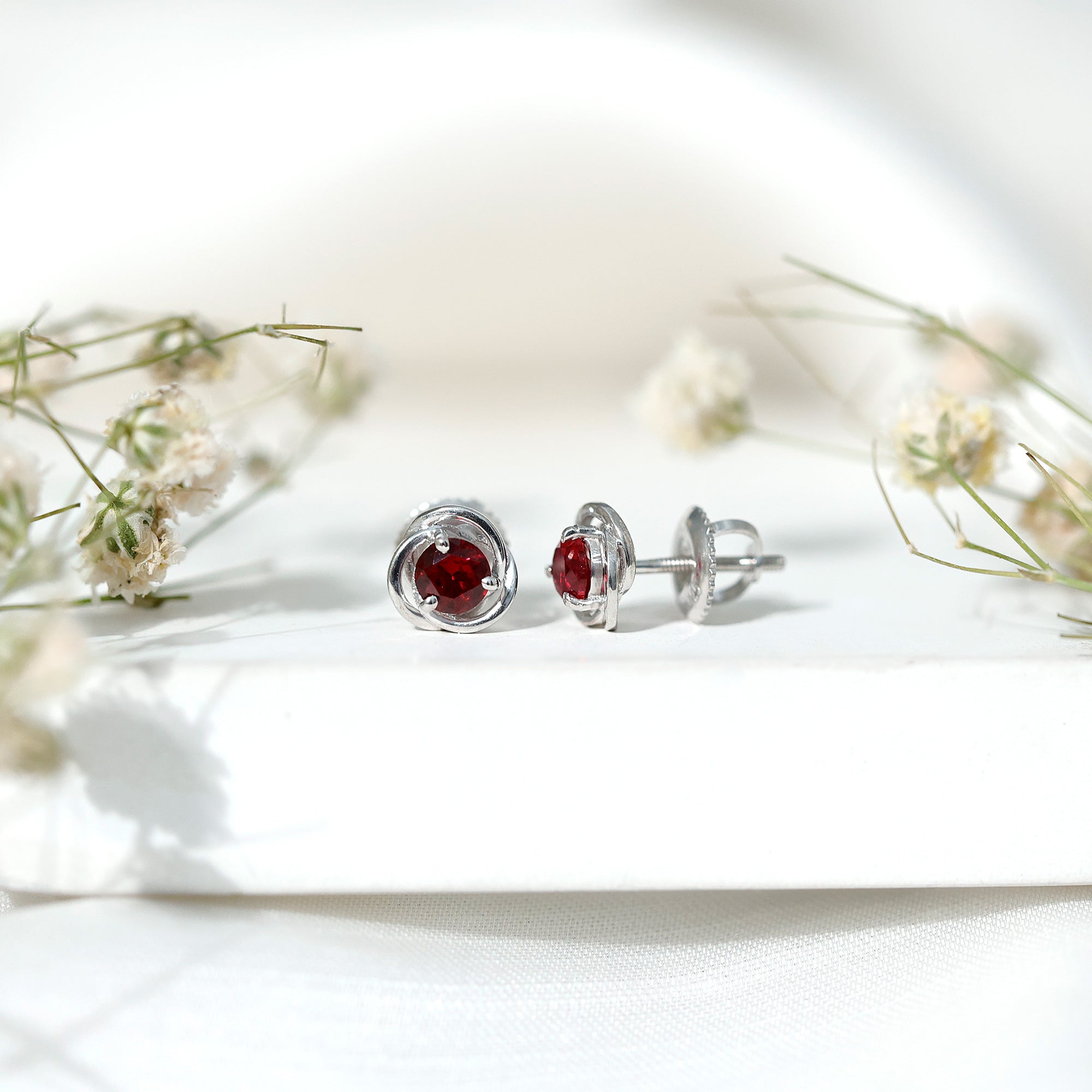 Lab Created Ruby Swirl Stud Earrings with Screw Back AAAA - Rosec Jewels