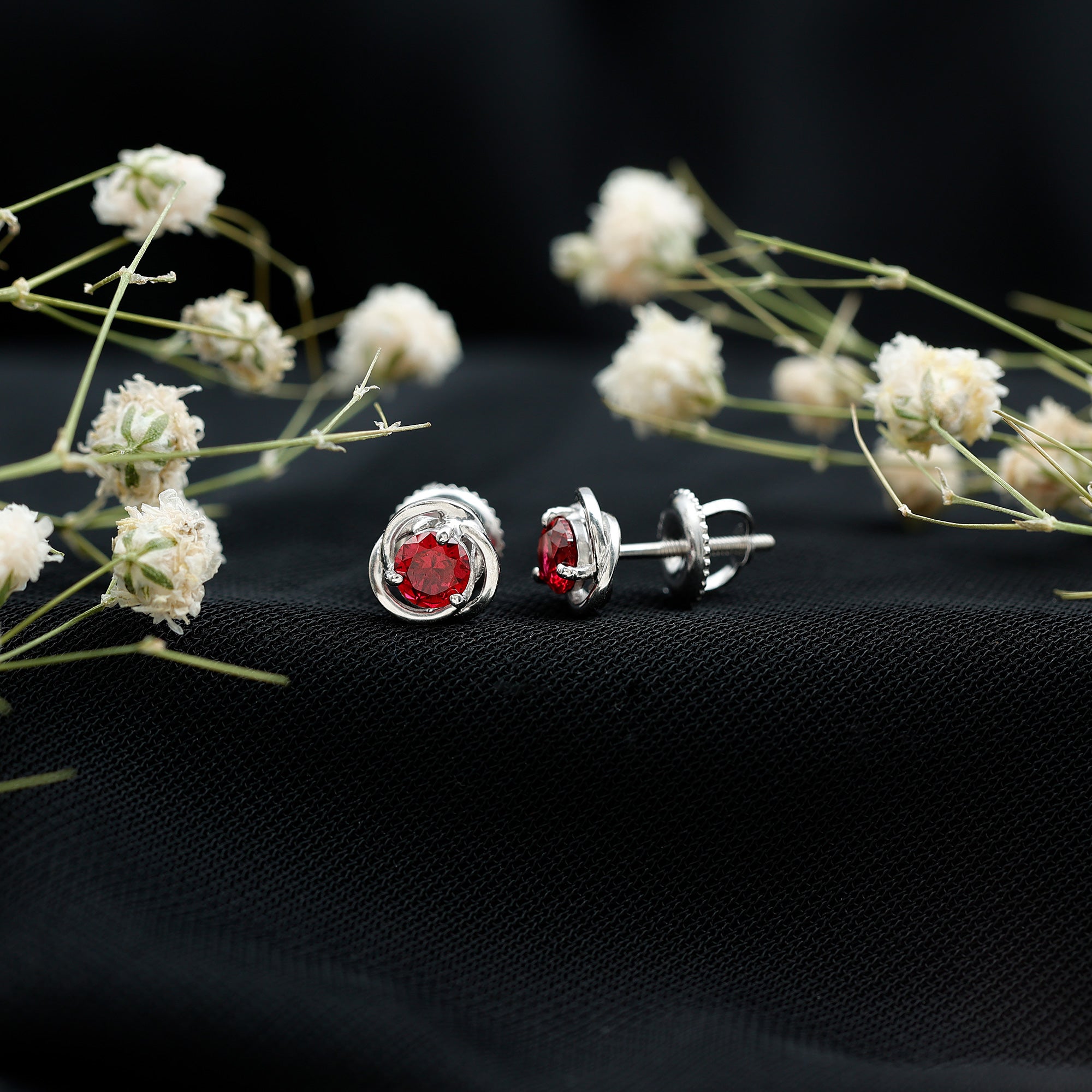 Lab Created Ruby Swirl Stud Earrings with Screw Back AAAA - Rosec Jewels