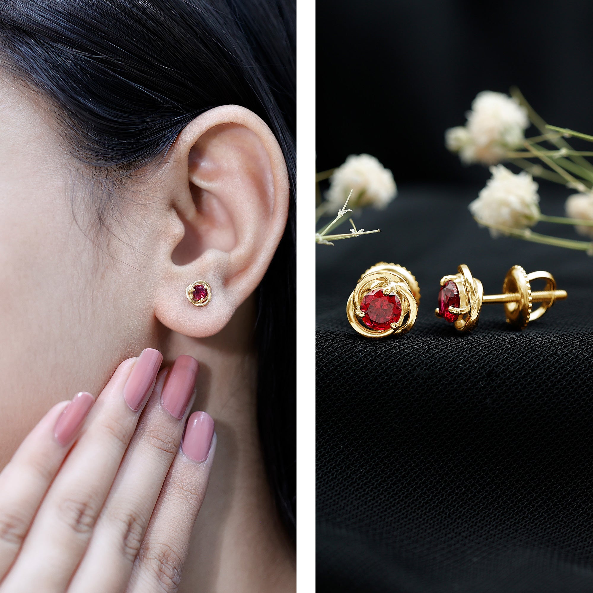Lab Created Ruby Swirl Stud Earrings with Screw Back AAAA - Rosec Jewels