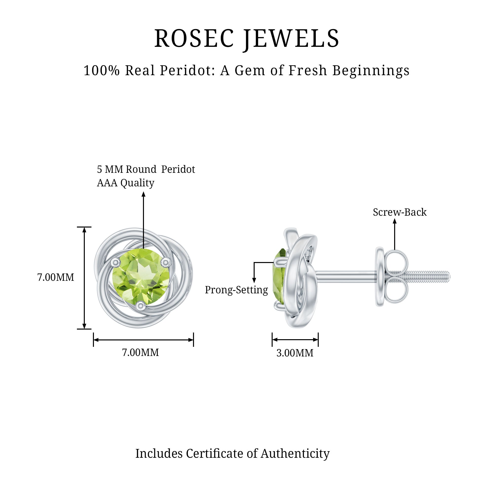 1 Carat Round Cut Peridot Swirl Stud Earrings AAA - Rosec Jewels