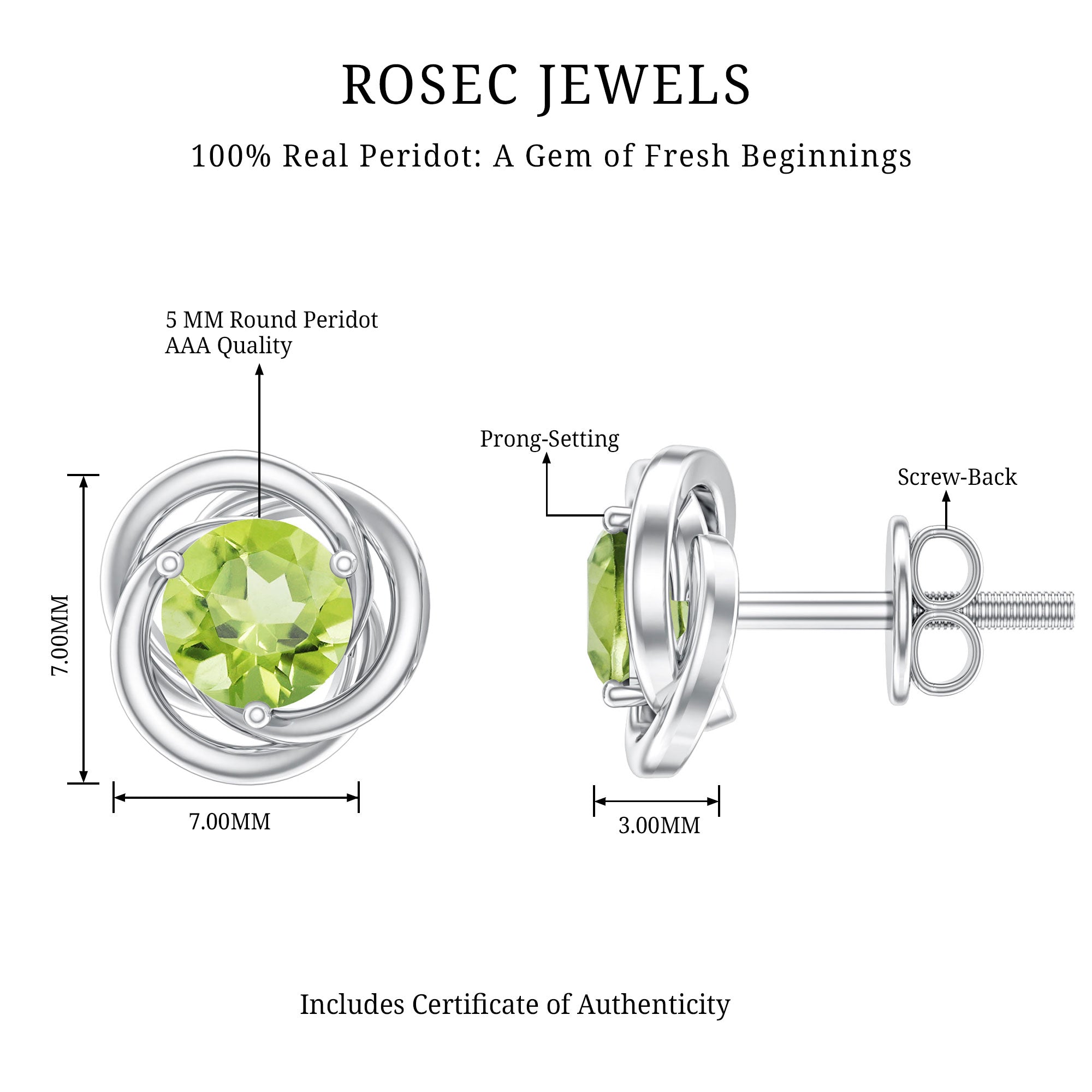 1 Carat Round Cut Peridot Swirl Stud Earrings AAA - Rosec Jewels
