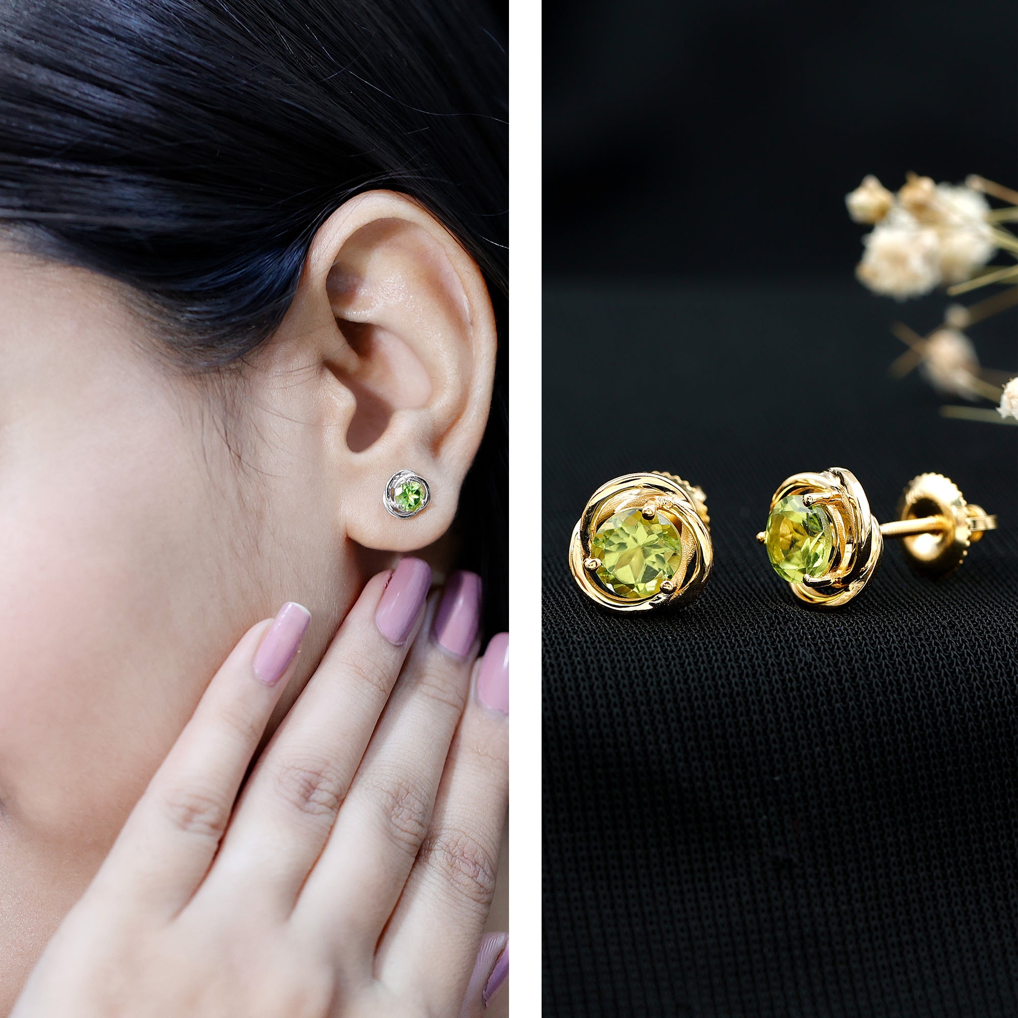 1 Carat Round Cut Peridot Swirl Stud Earrings AAA - Rosec Jewels
