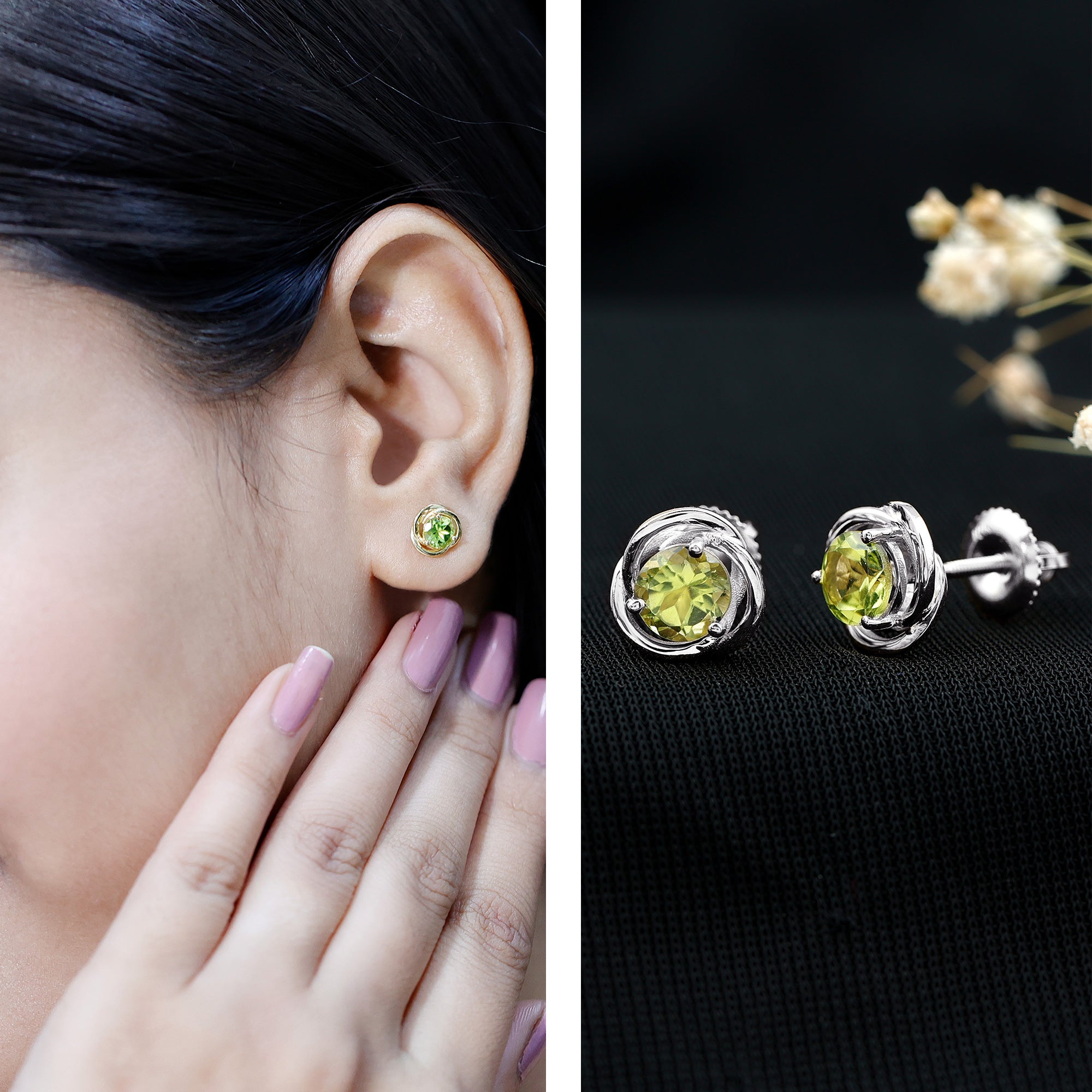 1 Carat Round Cut Peridot Swirl Stud Earrings AAA - Rosec Jewels