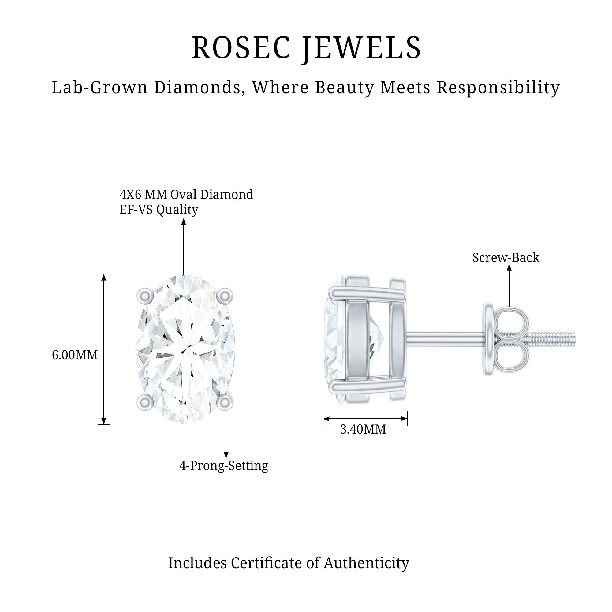 4X6 MM Oval Shaped Lab Grown Diamond Solitaire Stud Earrings Lab - ( EF-VS ) - Rosec Jewels