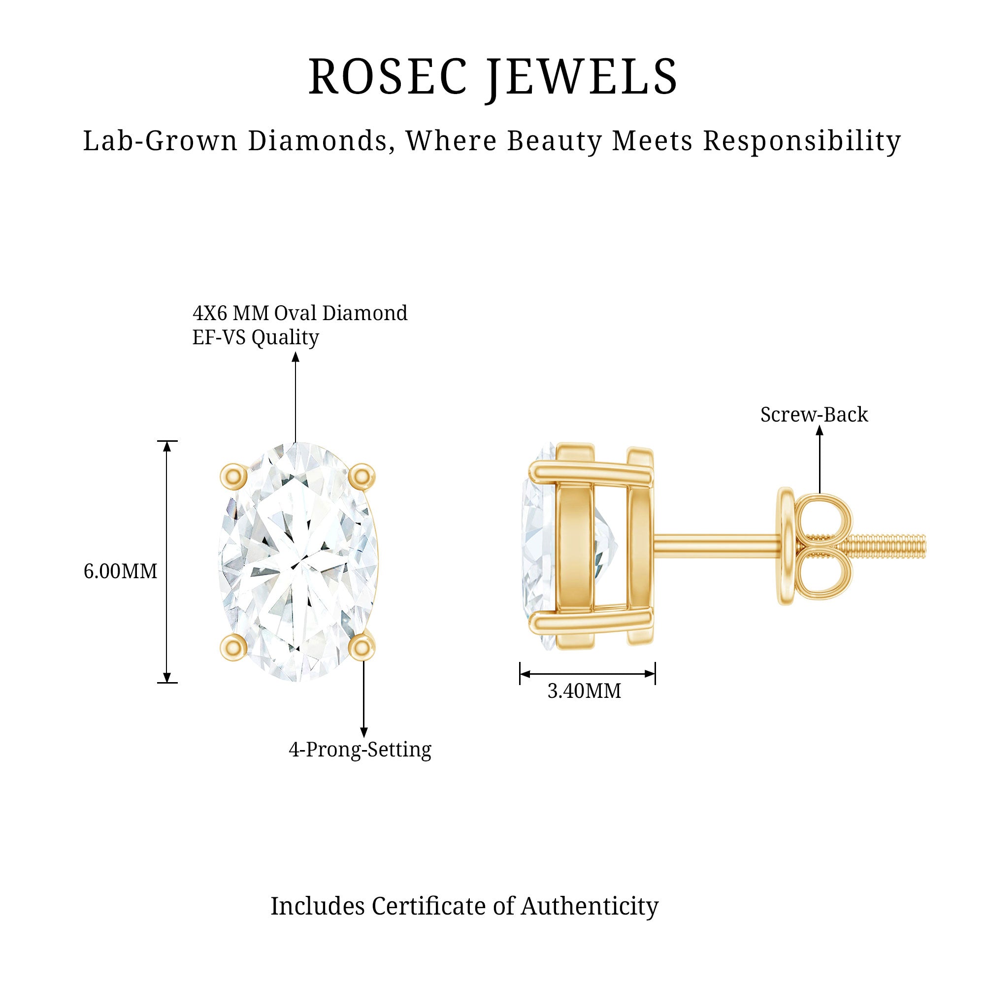 4X6 MM Oval Shaped Lab Grown Diamond Solitaire Stud Earrings Lab - ( EF-VS ) - Rosec Jewels