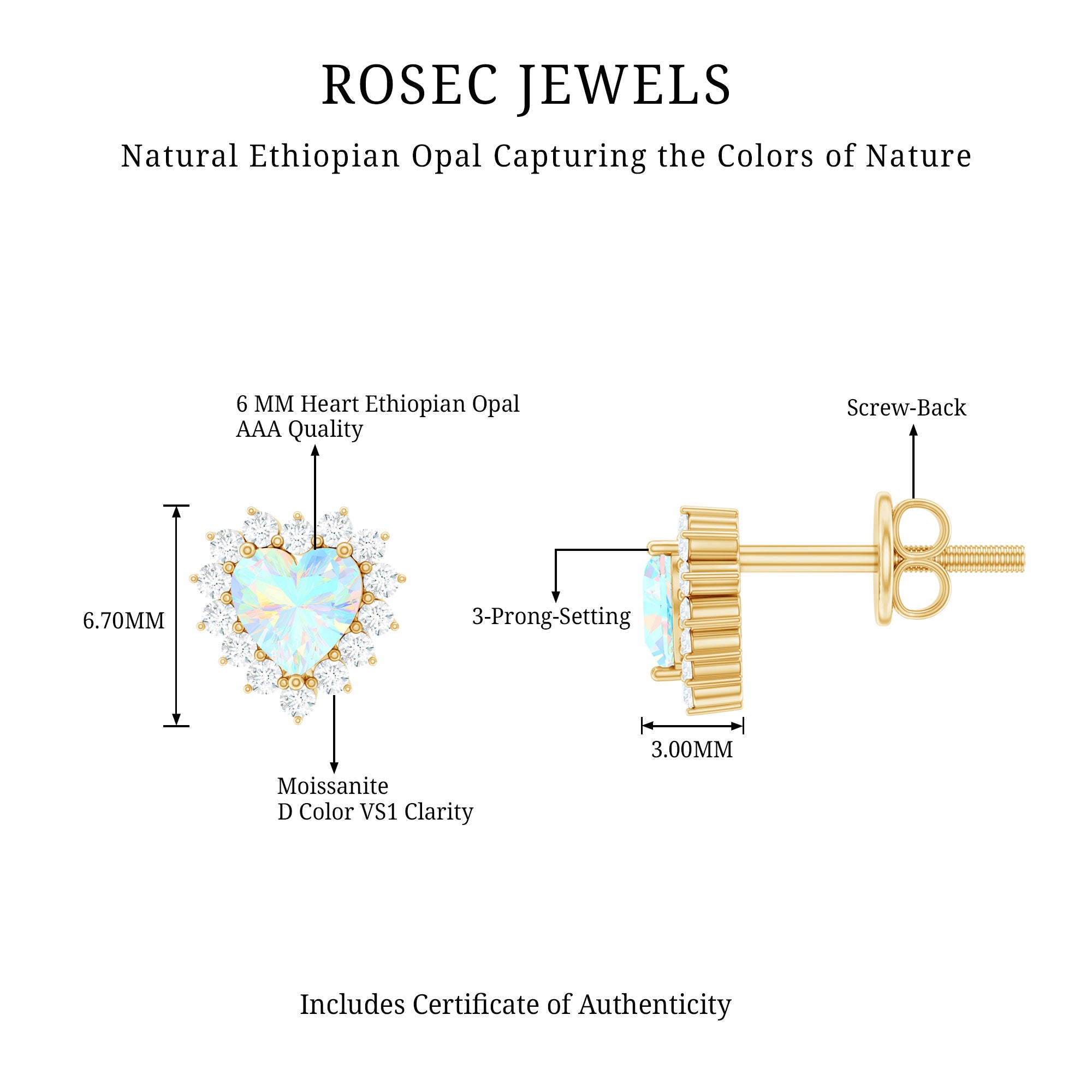 1.5 Carat Natural Ethiopian Opal Heart Earrings with Diamond Halo AAA - Rosec Jewels