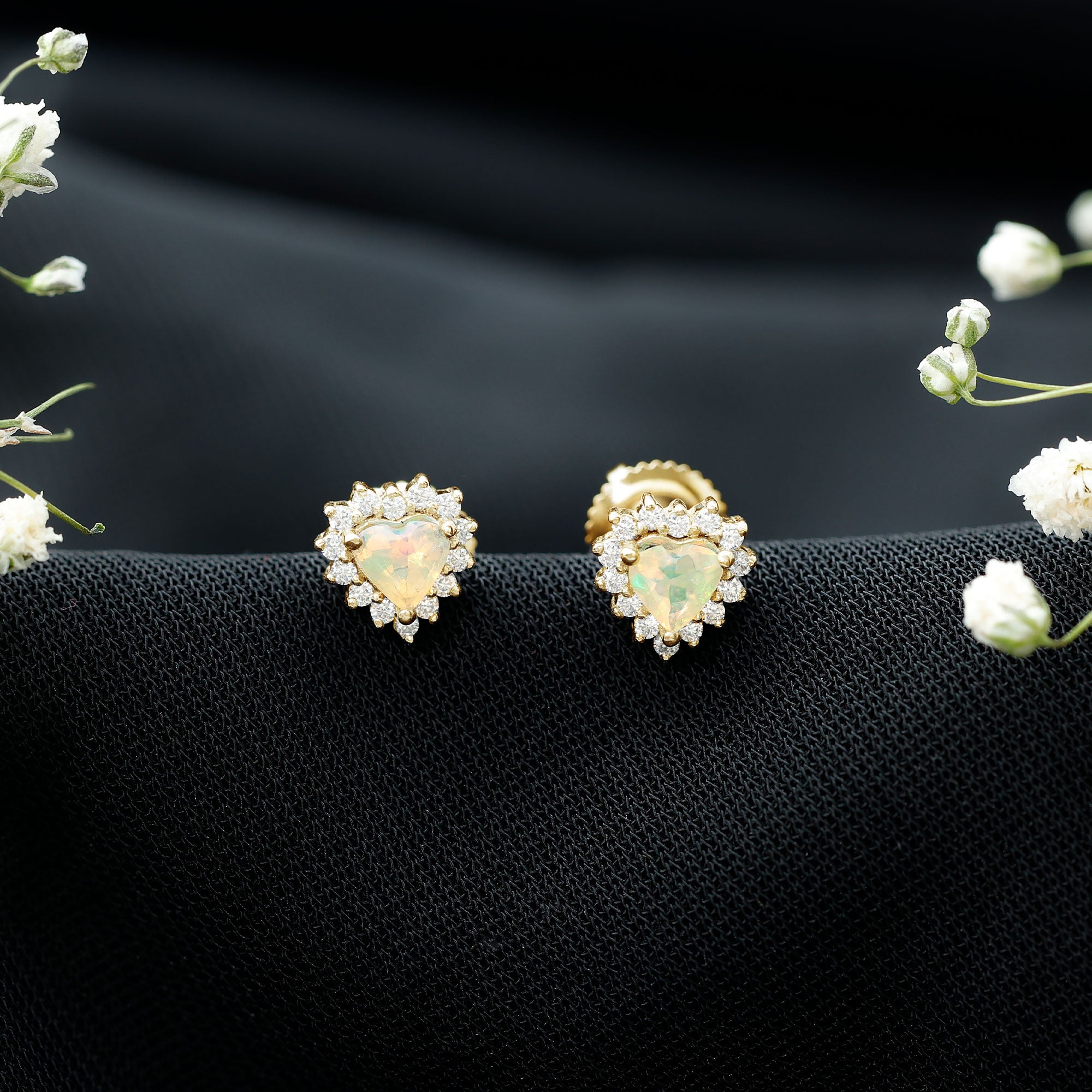 1.5 Carat Natural Ethiopian Opal Heart Earrings with Diamond Halo AAA - Rosec Jewels