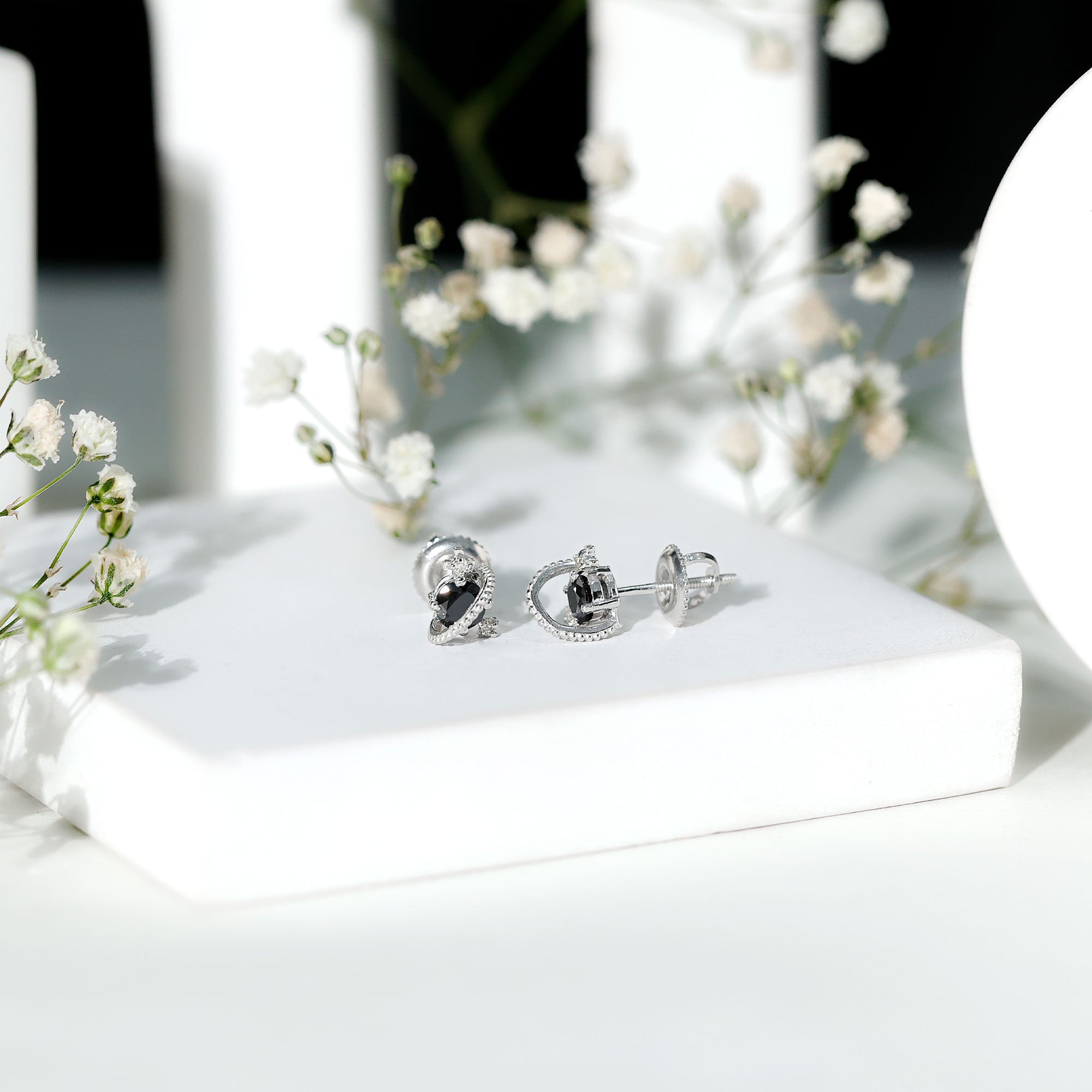 Lab Created Black and White Diamond Unique Stud Earrings AAAA ( Synthetic ) - Rosec Jewels
