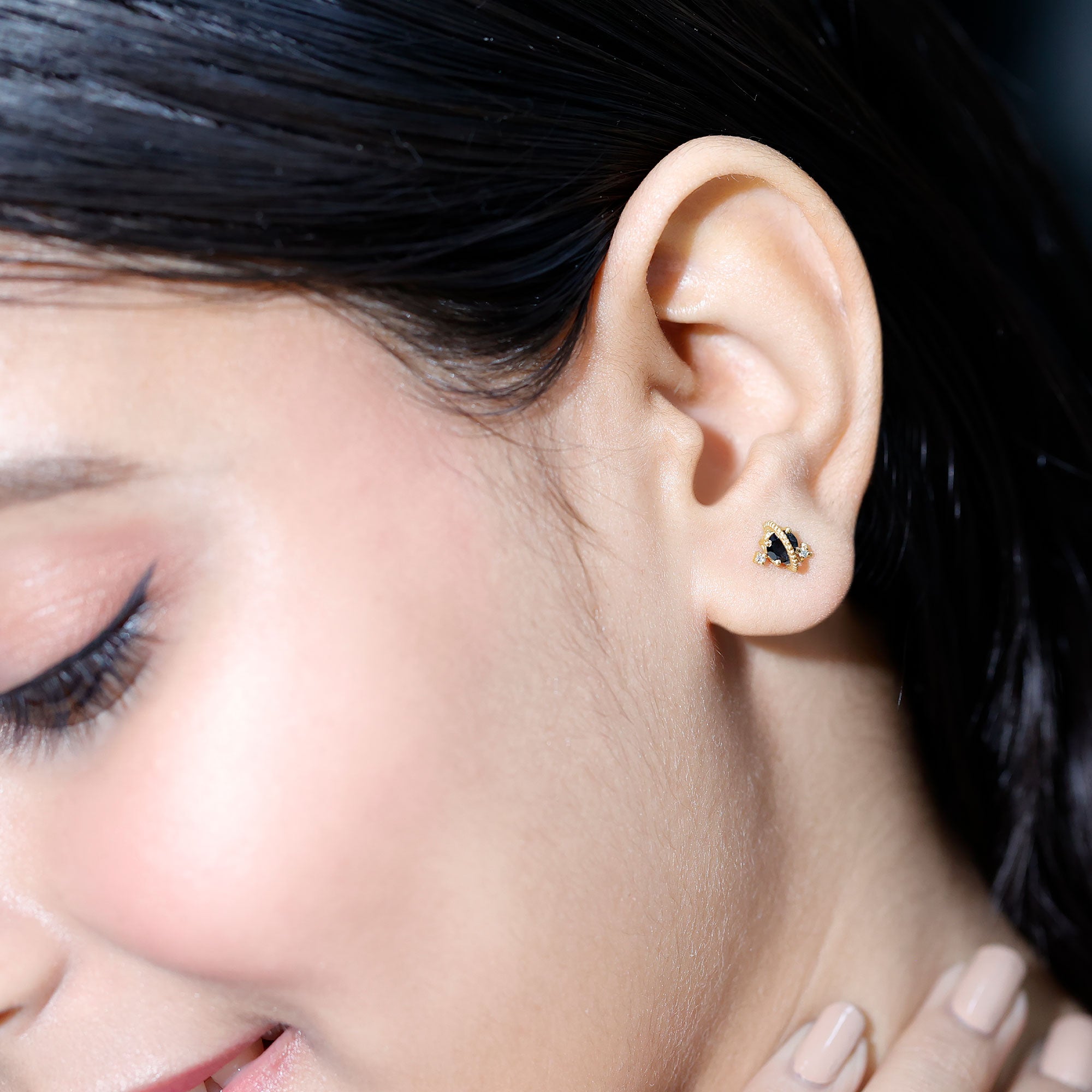 Lab Created Black and White Diamond Unique Stud Earrings AAAA ( Synthetic ) - Rosec Jewels