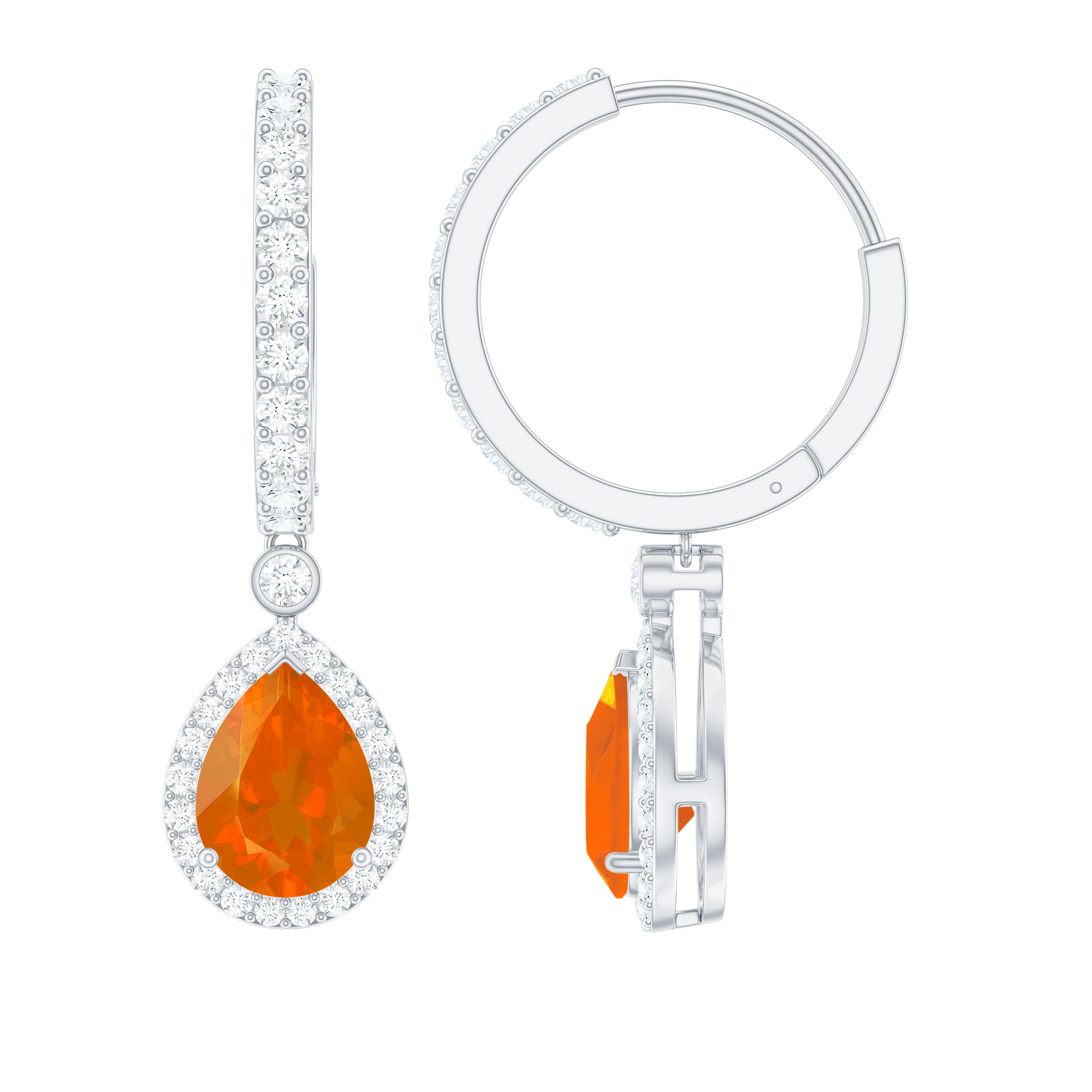 Pear Shaped Fire Opal Hoop Drop Earrings with Moissanite Halo