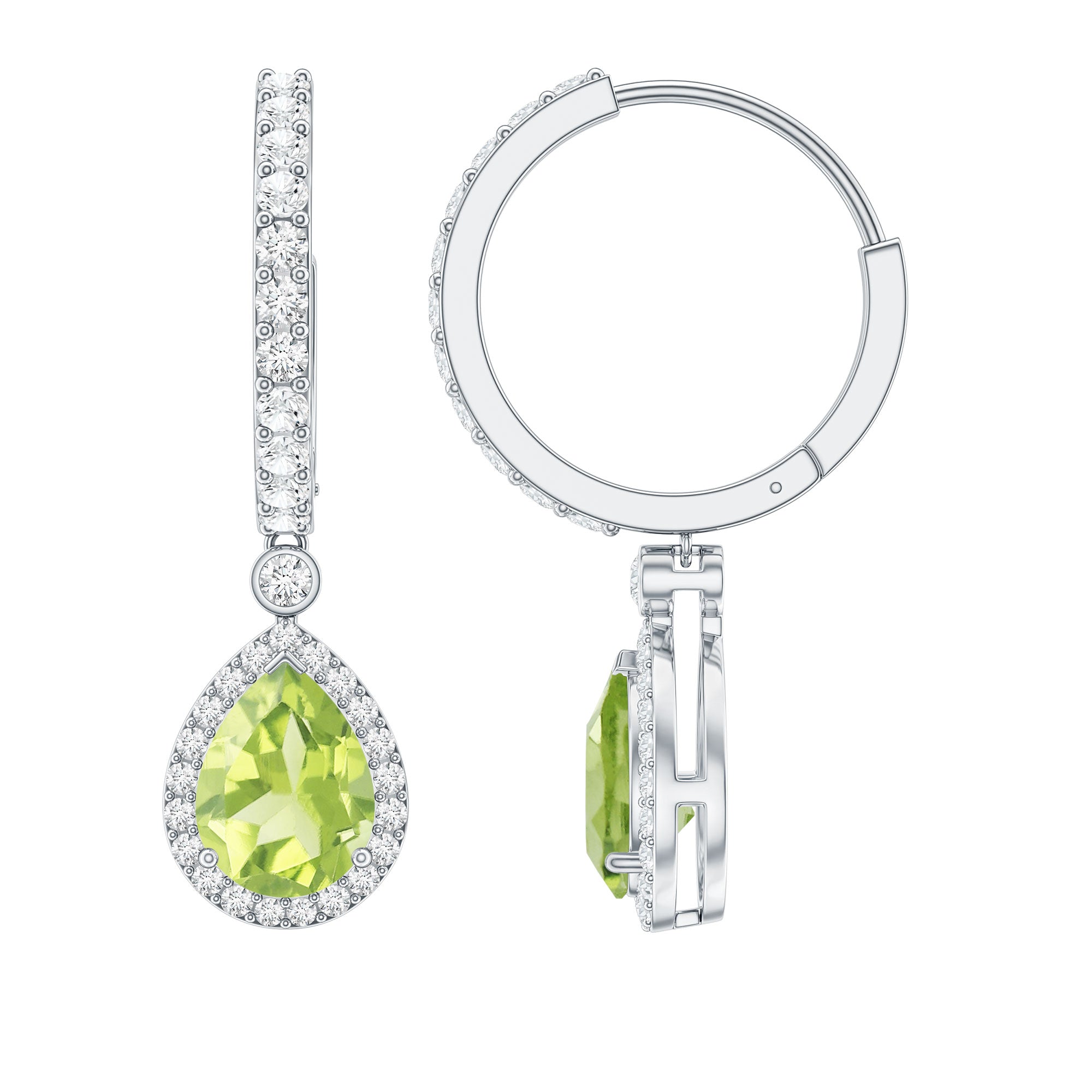 Classic 2 Carat Peridot Teardrop Earrings with Moissanite Hinged Hoop AAA - Rosec Jewels