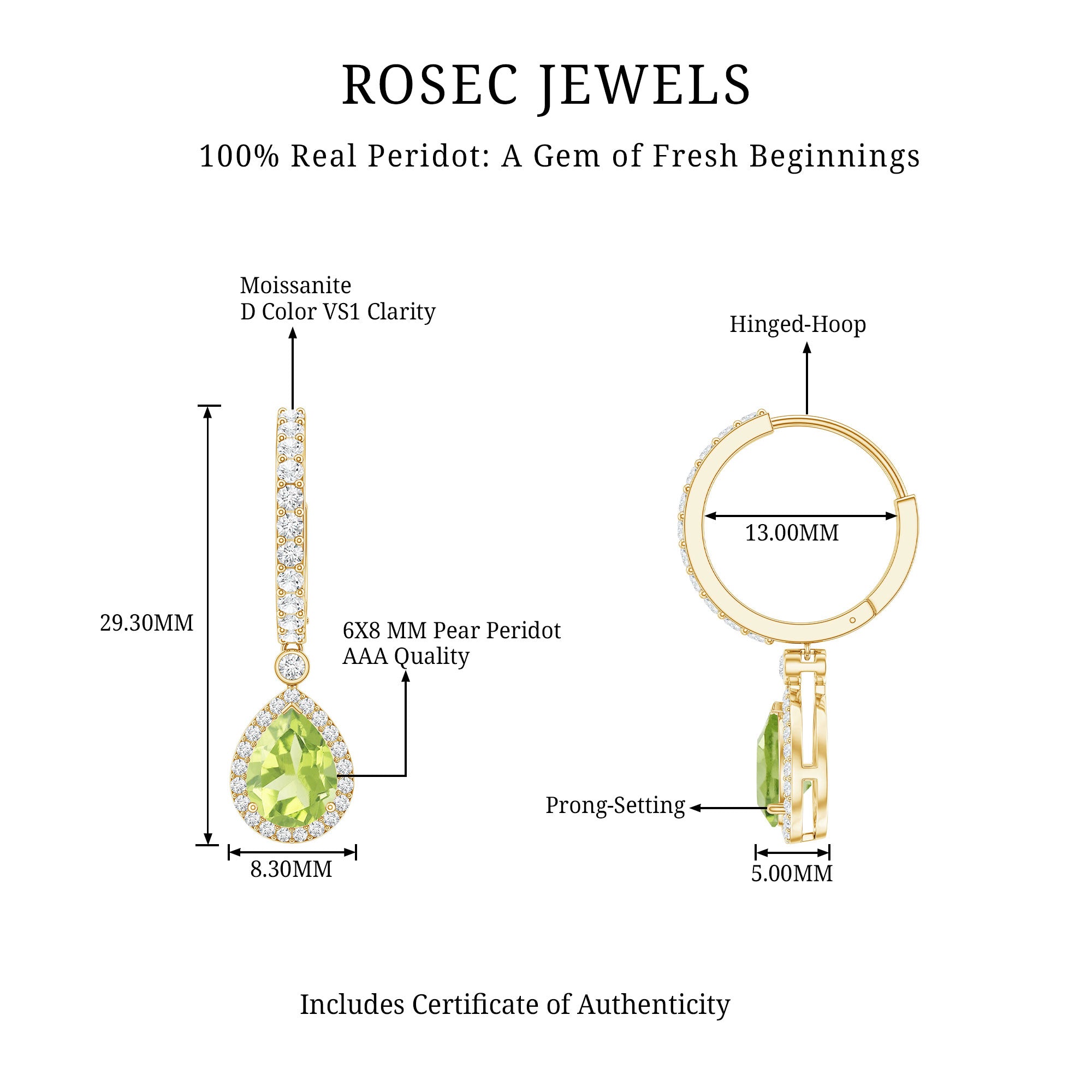 Classic 2 Carat Peridot Teardrop Earrings with Moissanite Hinged Hoop AAA - Rosec Jewels