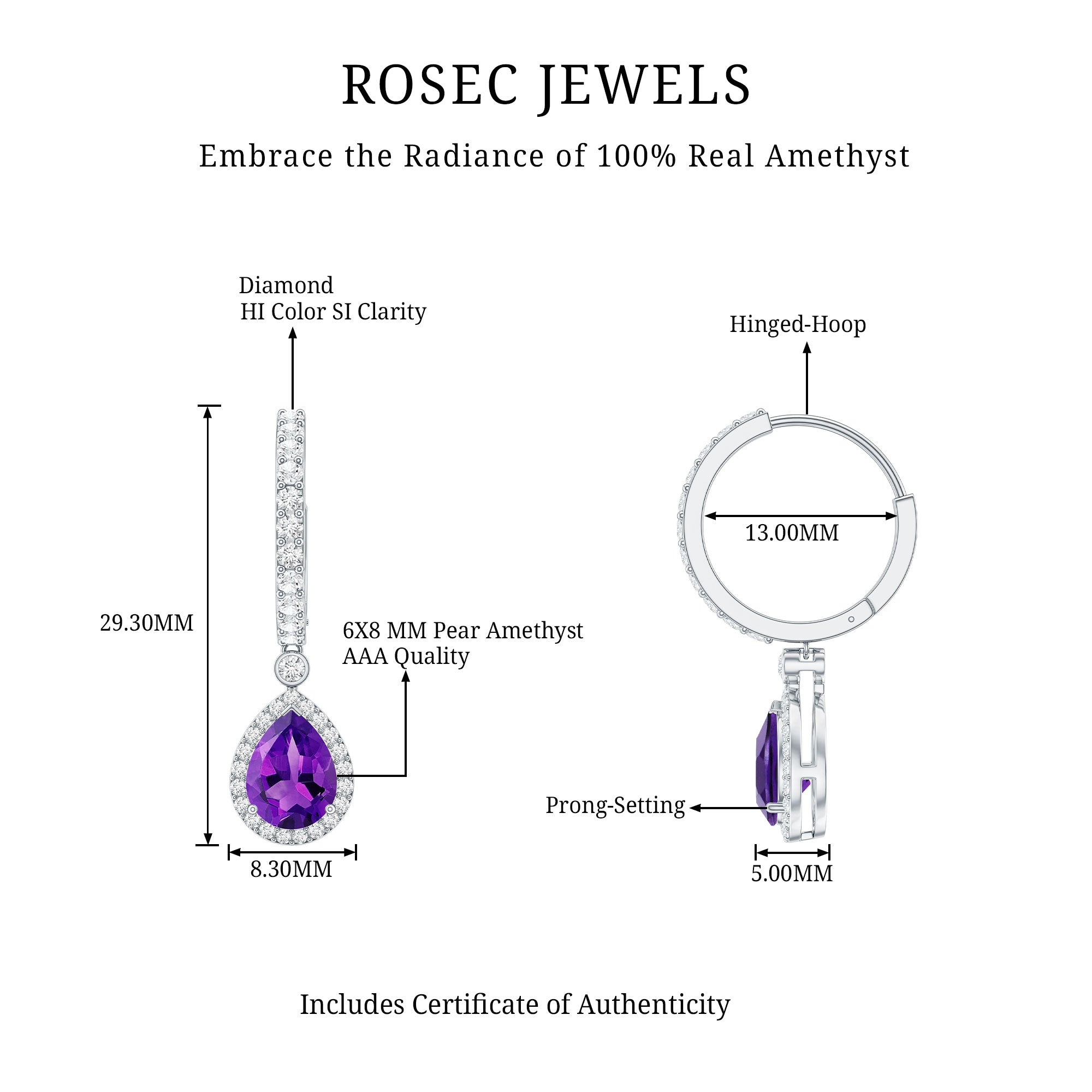 Natural Amethyst Teardrop Earrings with Moissanite Hinged Hoop AAA - Rosec Jewels