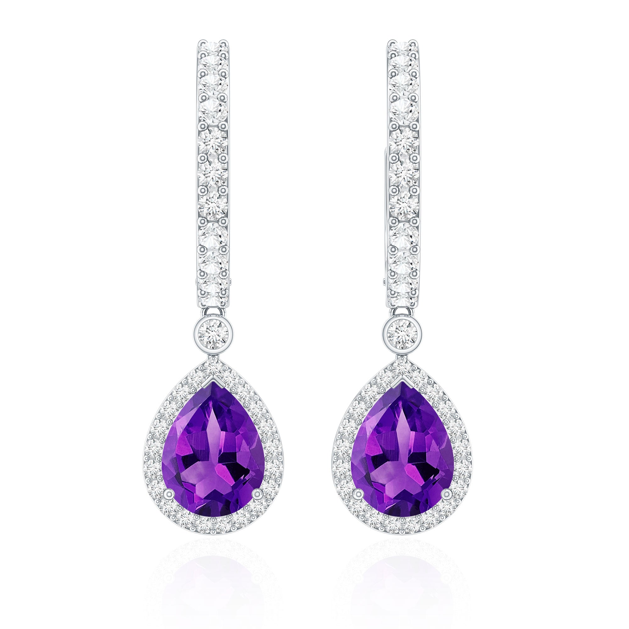 Natural Amethyst Teardrop Earrings with Moissanite Hinged Hoop AAA - Rosec Jewels
