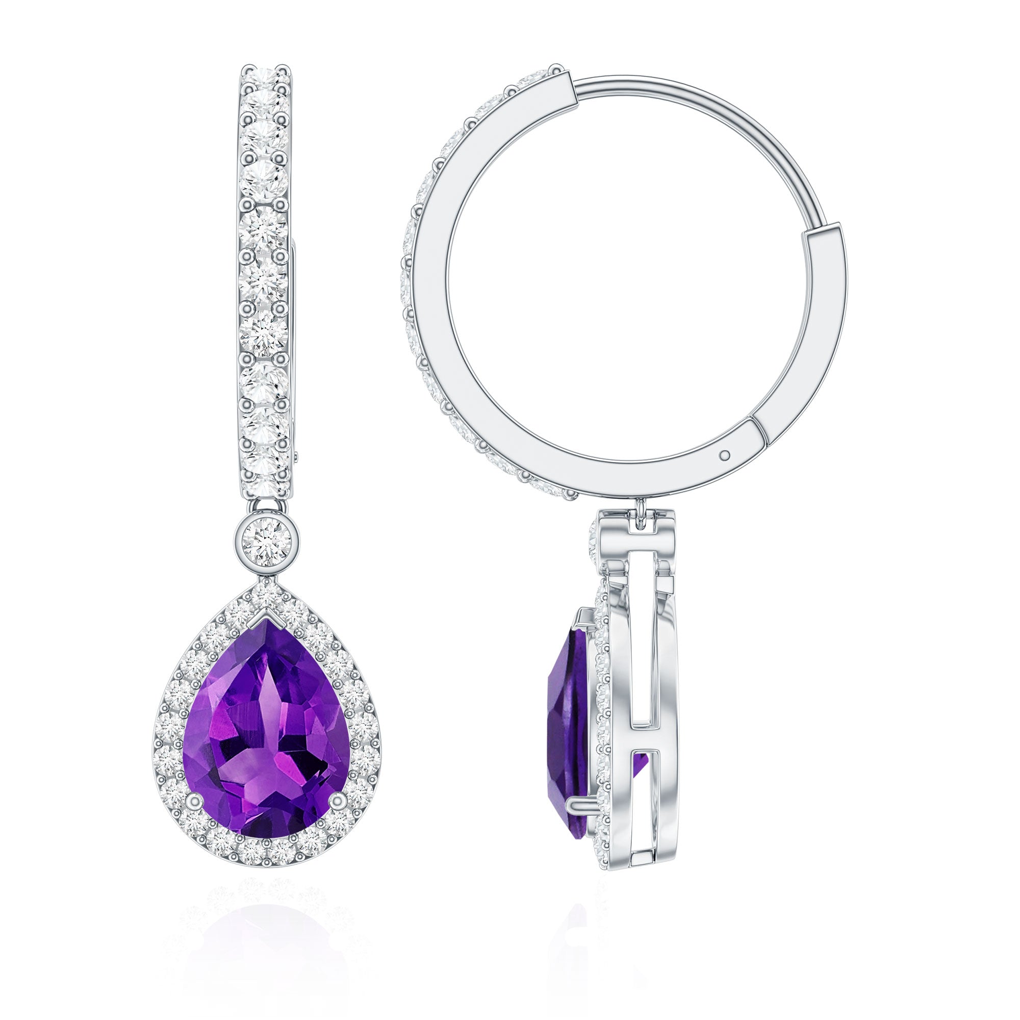 Natural Amethyst Teardrop Earrings with Moissanite Hinged Hoop AAA - Rosec Jewels