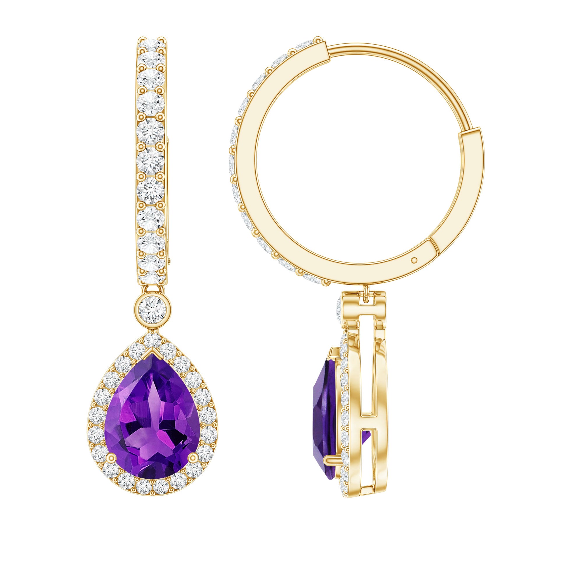 Natural Amethyst Teardrop Earrings with Moissanite Hinged Hoop AAA - Rosec Jewels