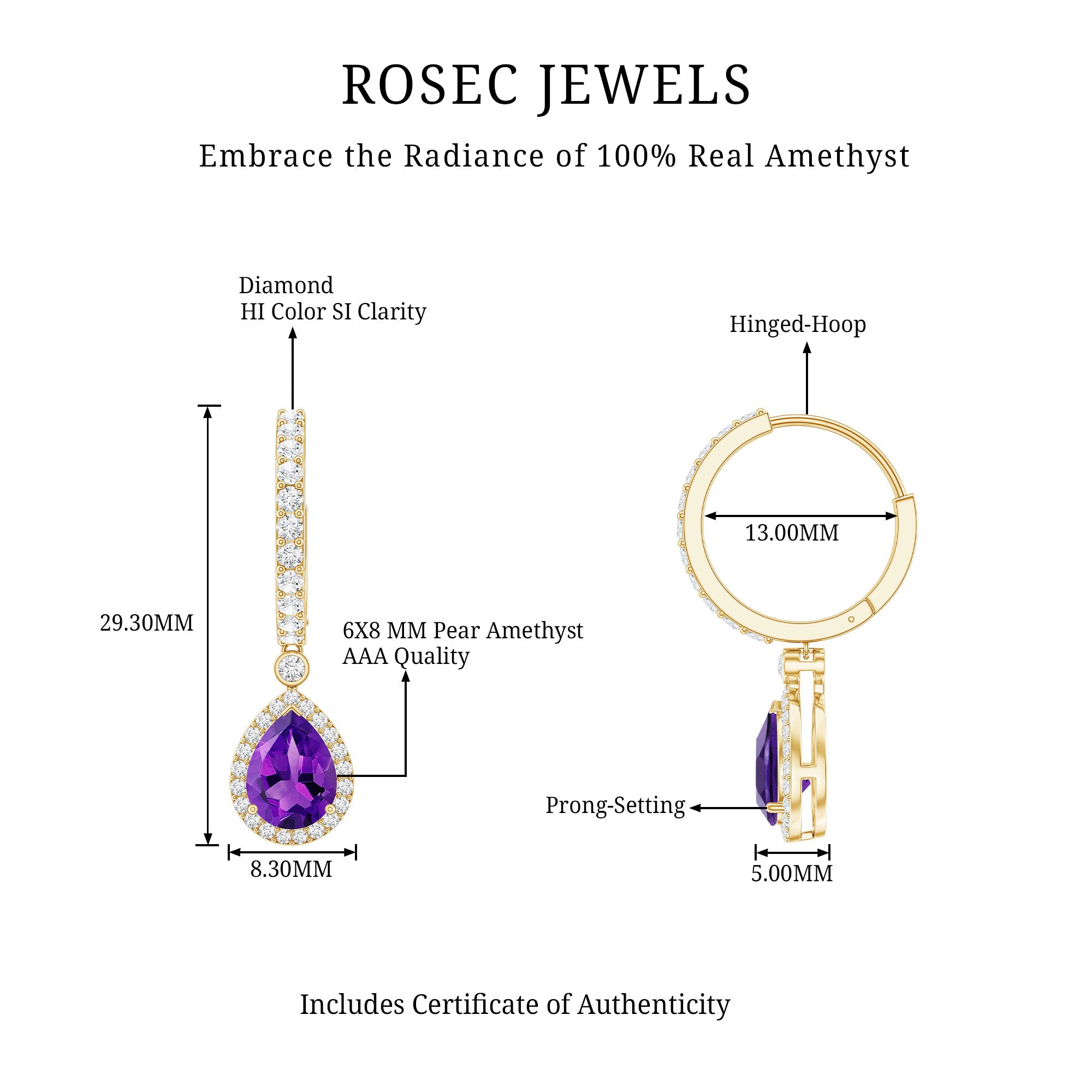 Natural Amethyst Teardrop Earrings with Moissanite Hinged Hoop AAA - Rosec Jewels