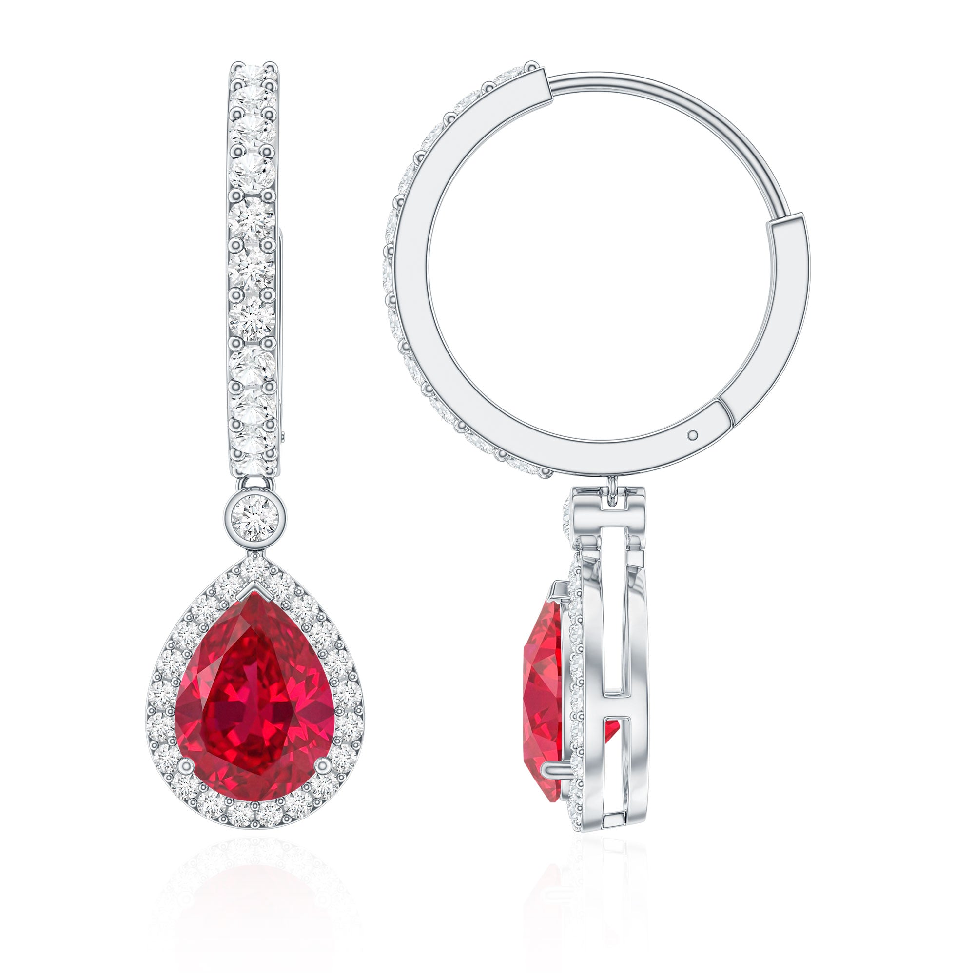 Lab Created Ruby and Moissanite Teardrop Hoop Earrings AAAA - Rosec Jewels