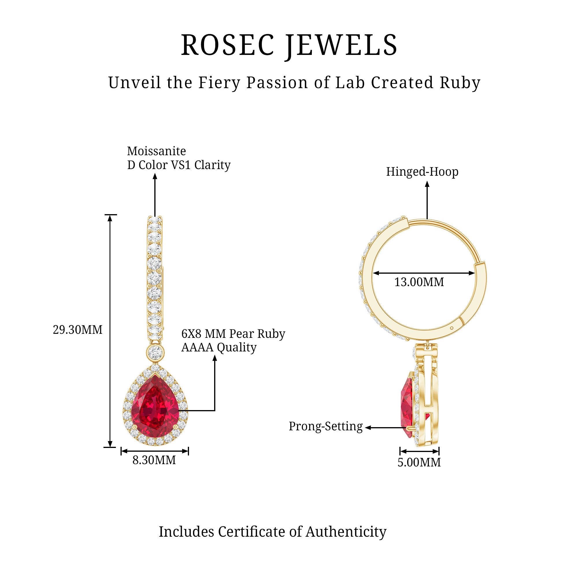 Lab Created Ruby and Moissanite Teardrop Hoop Earrings AAAA - Rosec Jewels