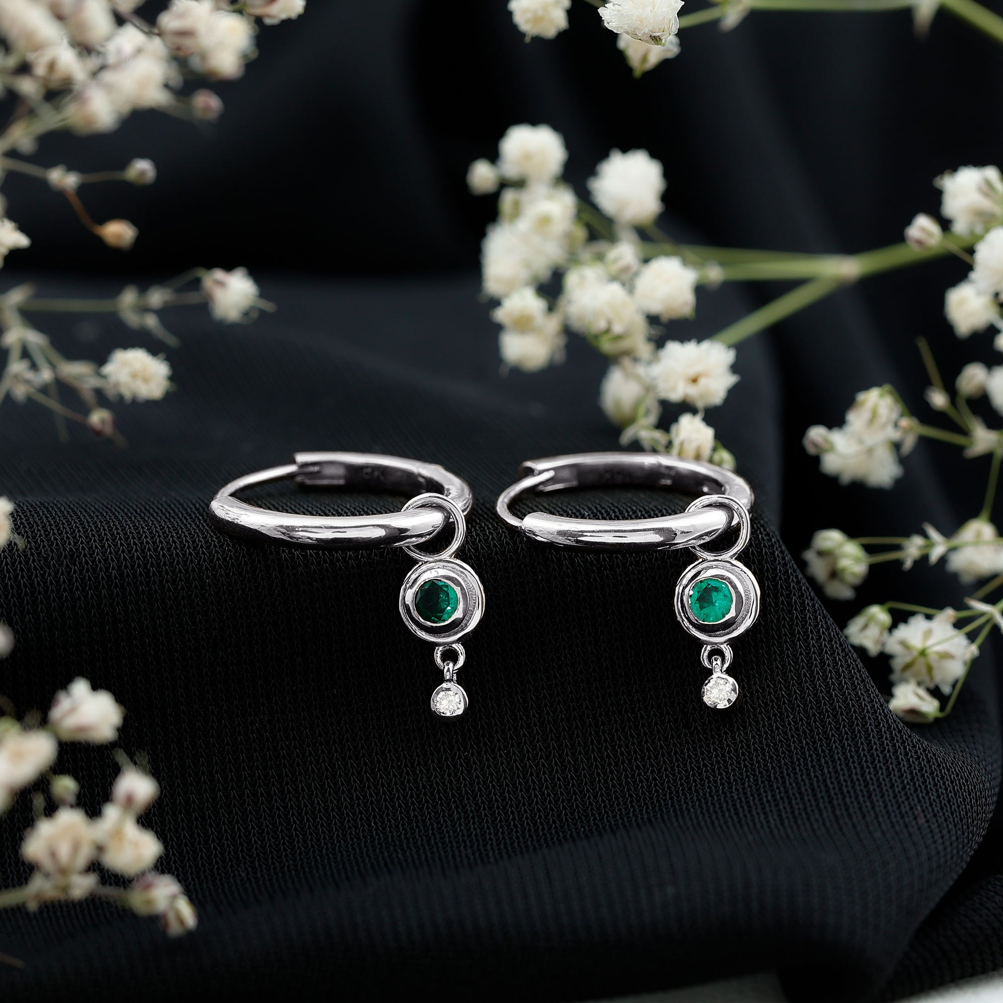 Certified Lab Grown Emerald and Diamond Drop Hoop Earrings AAAA - Rosec Jewels