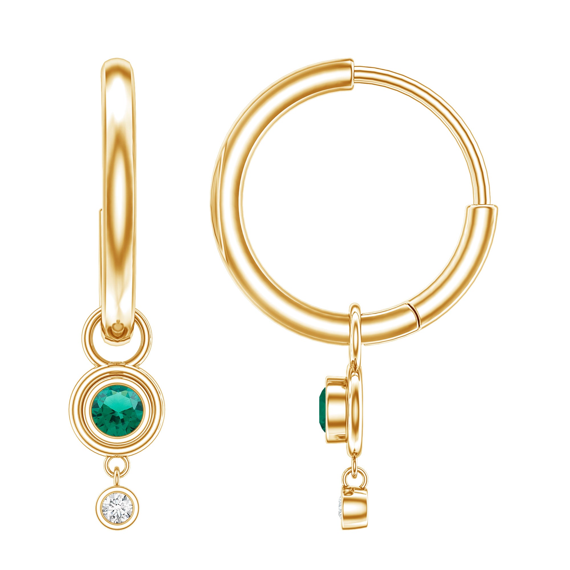 Certified Lab Grown Emerald and Diamond Drop Hoop Earrings AAAA - Rosec Jewels