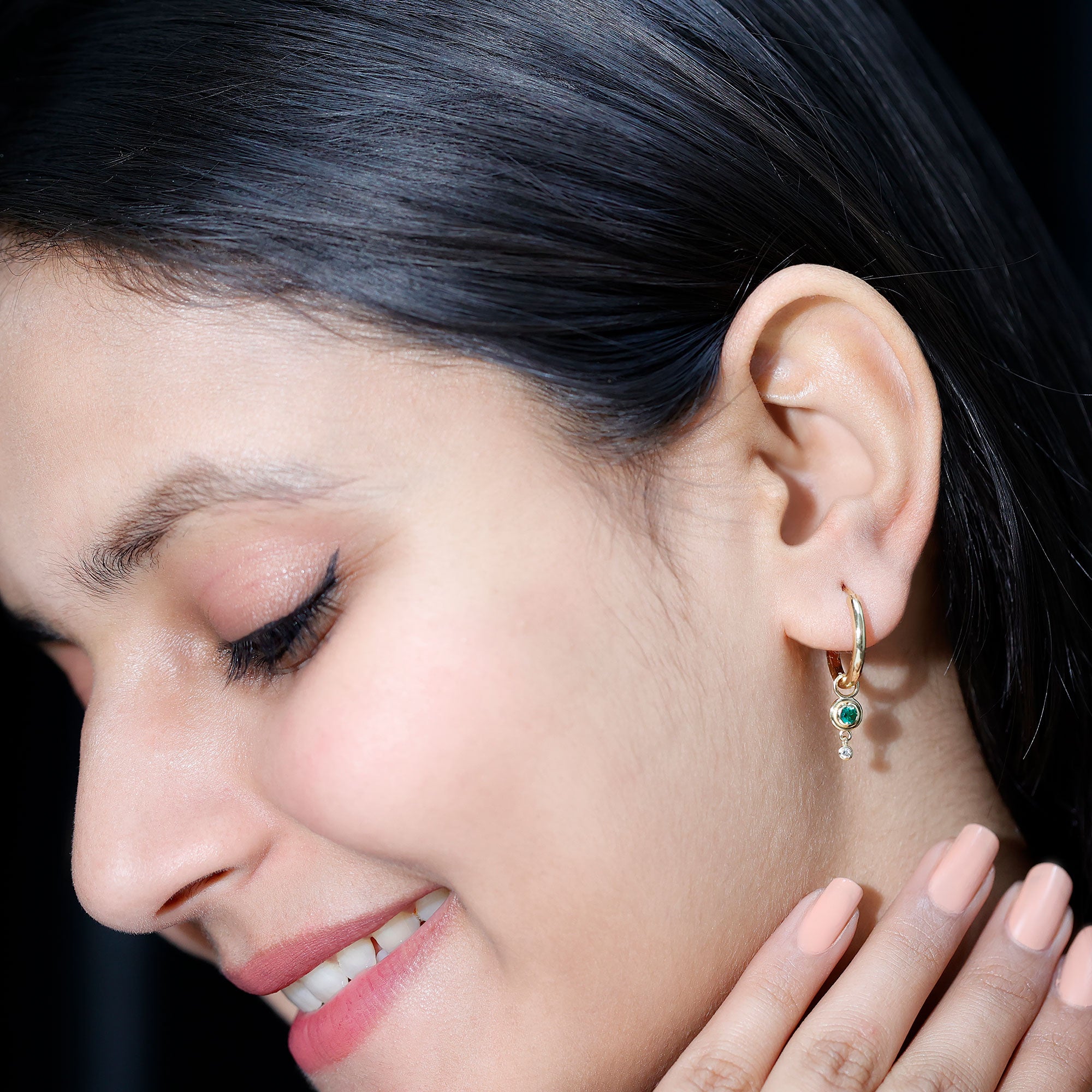 Certified Lab Grown Emerald and Diamond Drop Hoop Earrings AAAA - Rosec Jewels