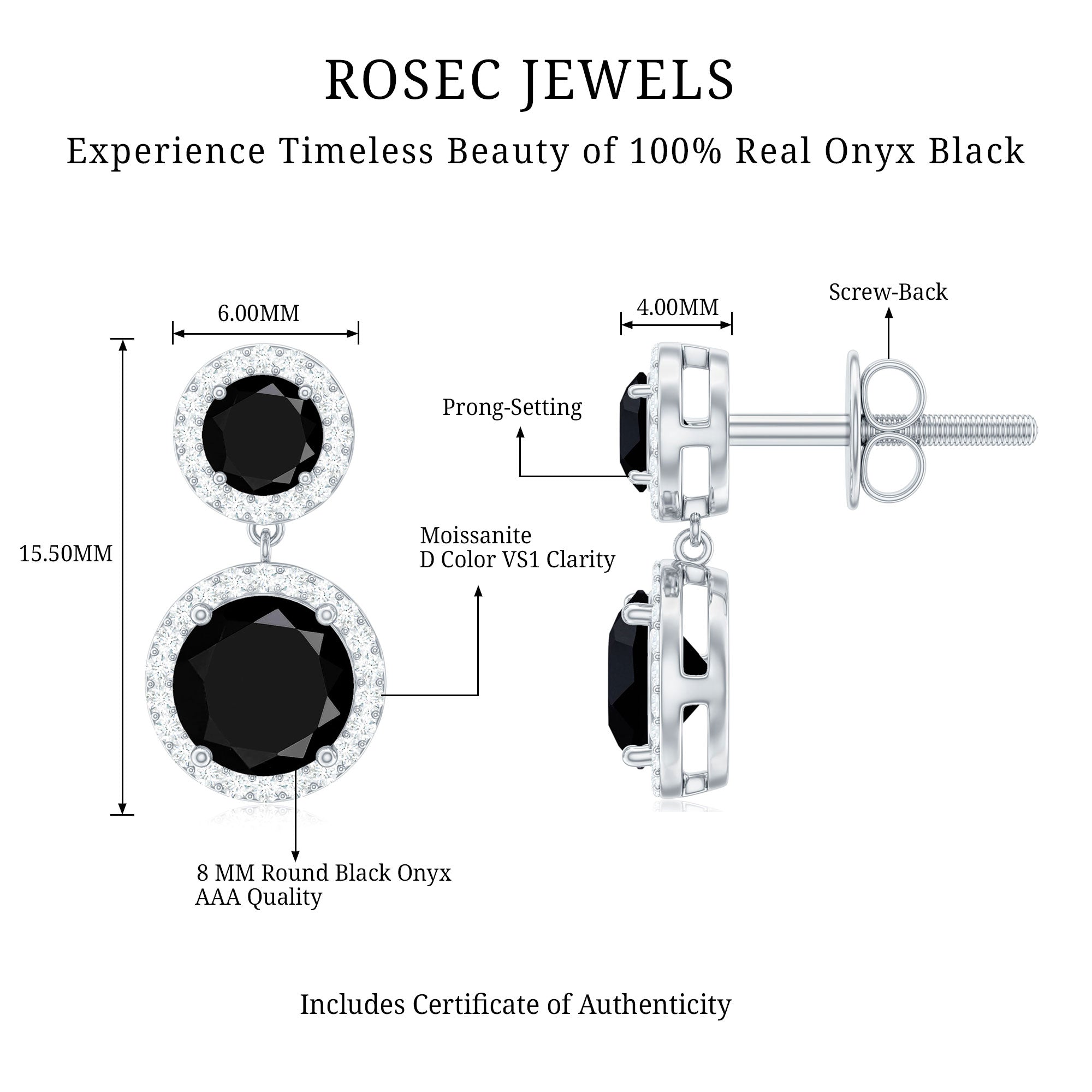 Natural Black Onyx and Moissanite Dangling Earrings AAA - Rosec Jewels