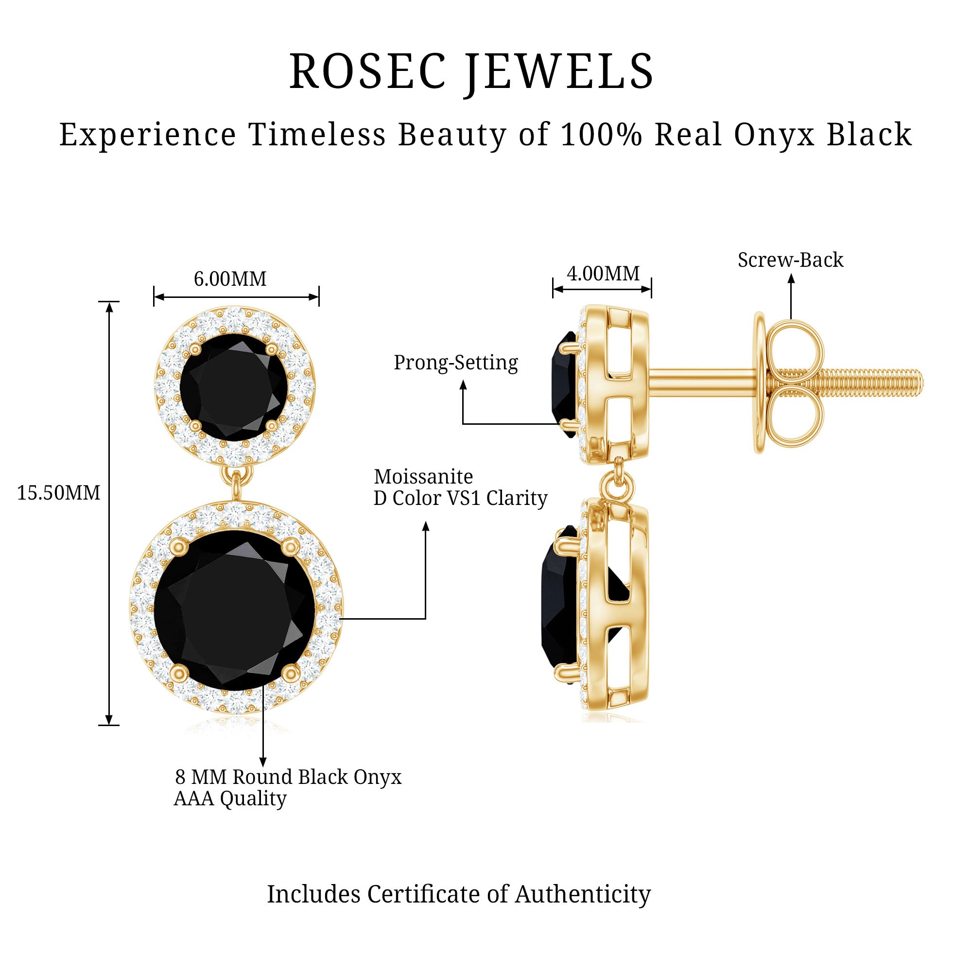 Natural Black Onyx and Moissanite Dangling Earrings AAA - Rosec Jewels