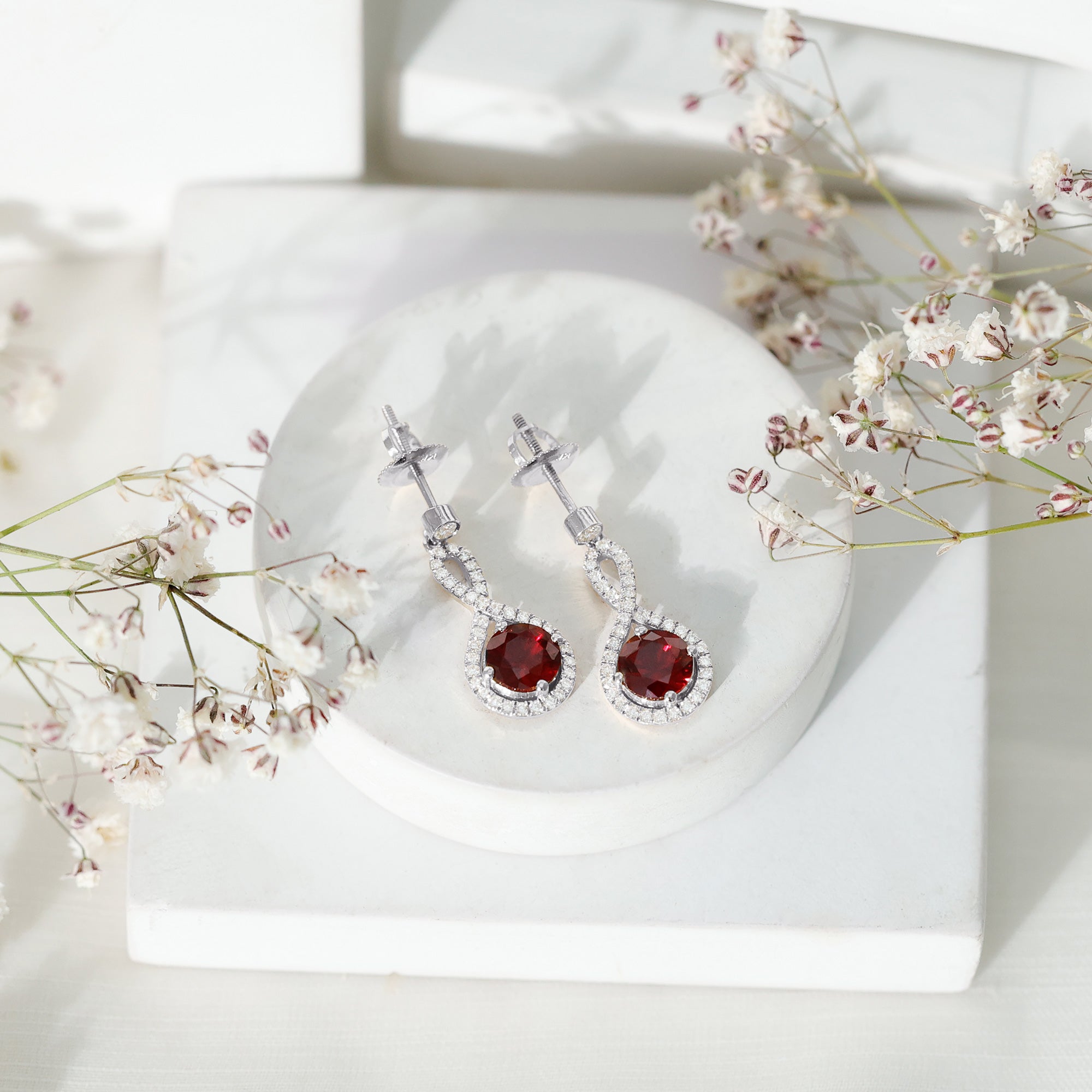 Lab Grown Ruby Diamond Drop Earrings AAAA - Rosec Jewels