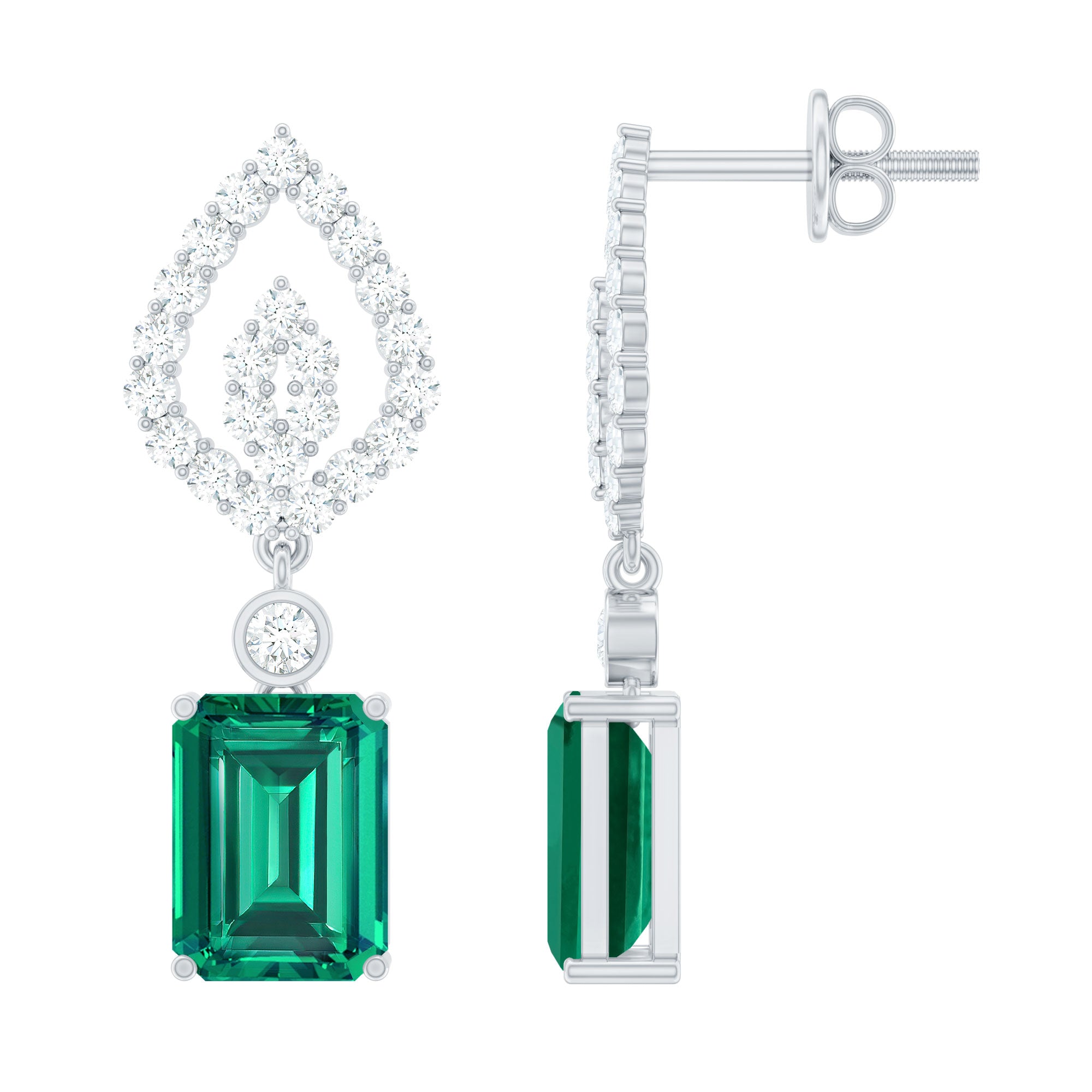 Art Deco Lab Grown Emerald Diamond Drop Earrings With Screw Back