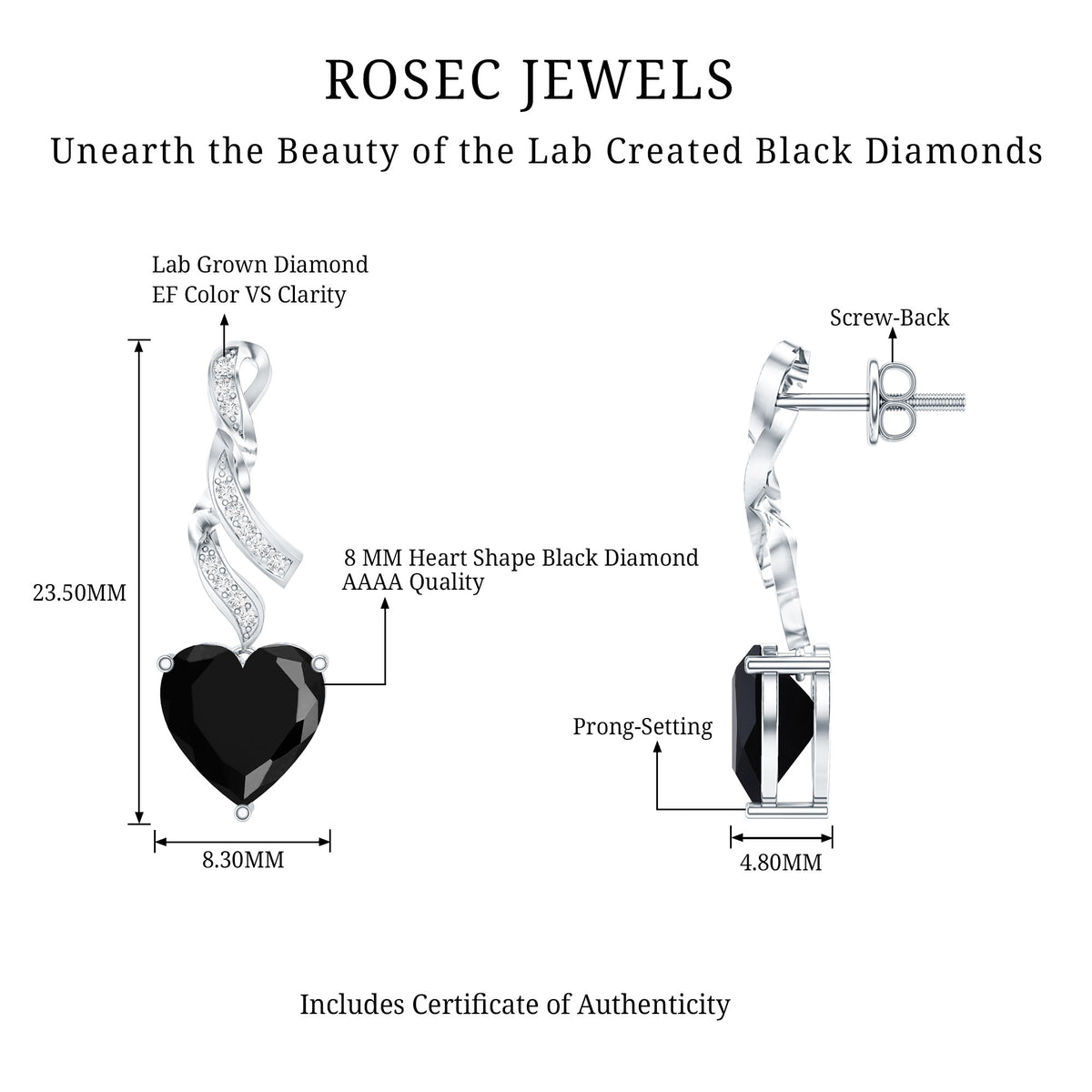 Lab Grown Black Diamond Heart Drop Earrings with Diamonds AAAA ( Synthetic ) - Rosec Jewels