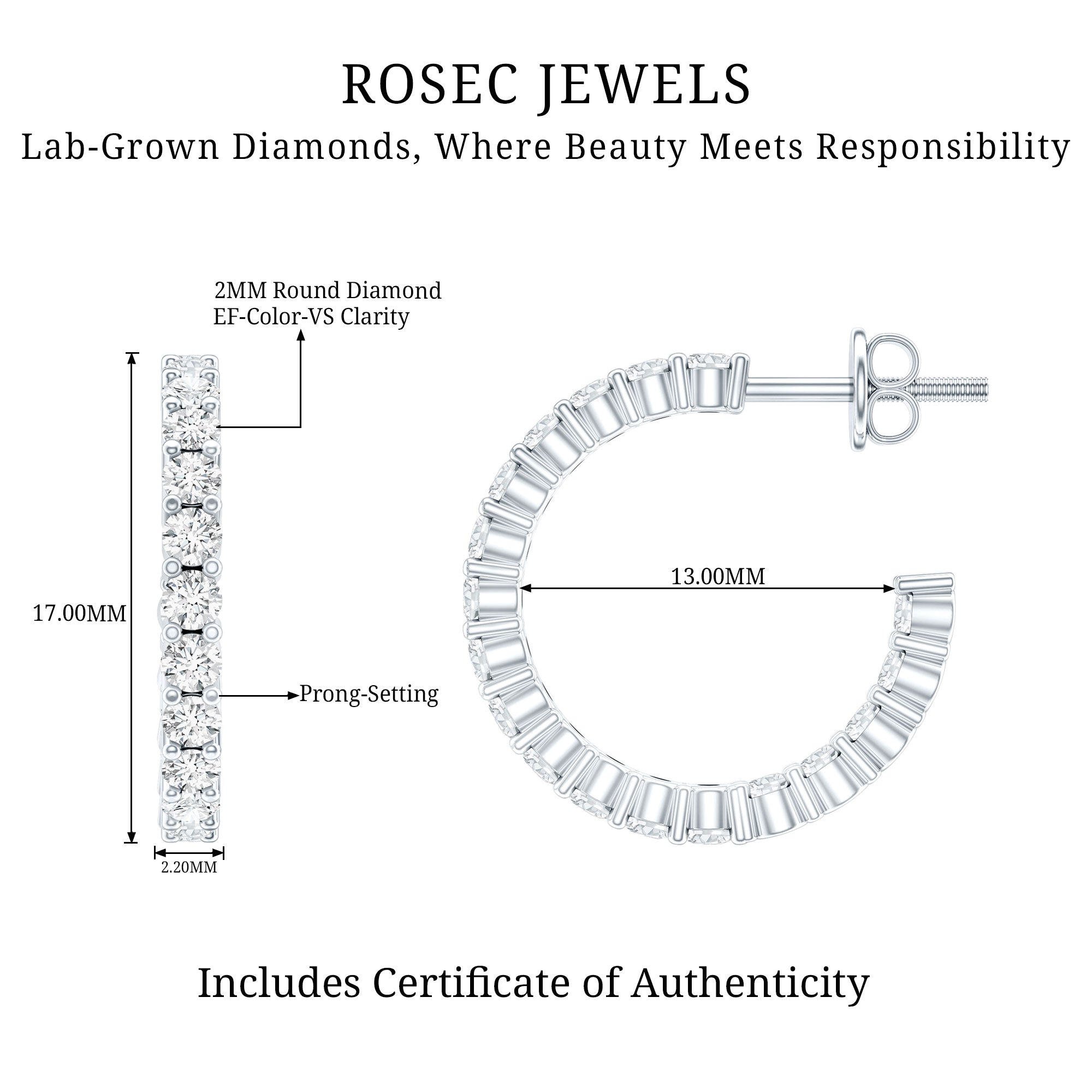 Lab Grown Diamond Hoop Earrings with Screw Back Lab - ( EF-VS ) - Rosec Jewels