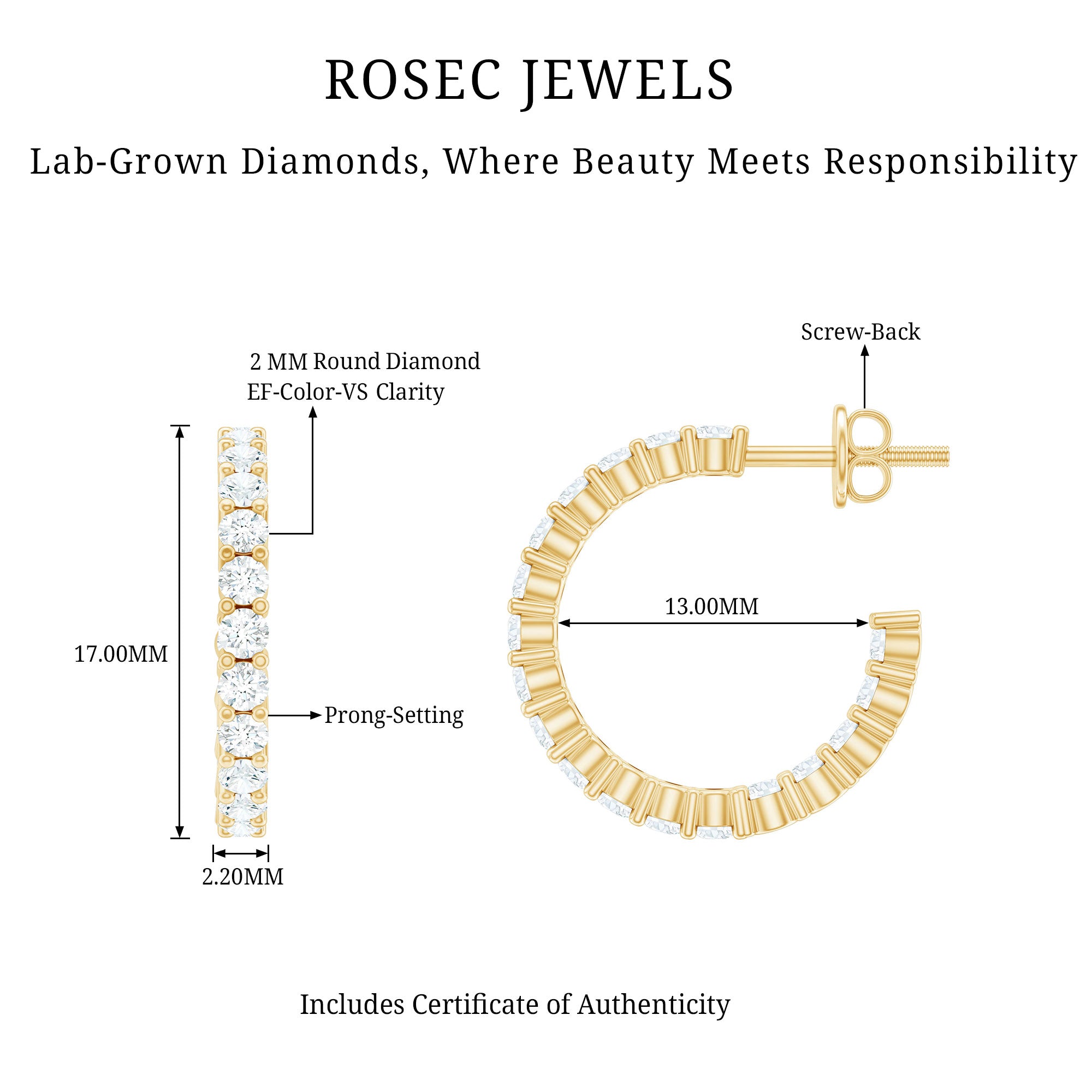 Rosec Jewels-Lab Grown Diamond Hoop Earrings with Screw Back