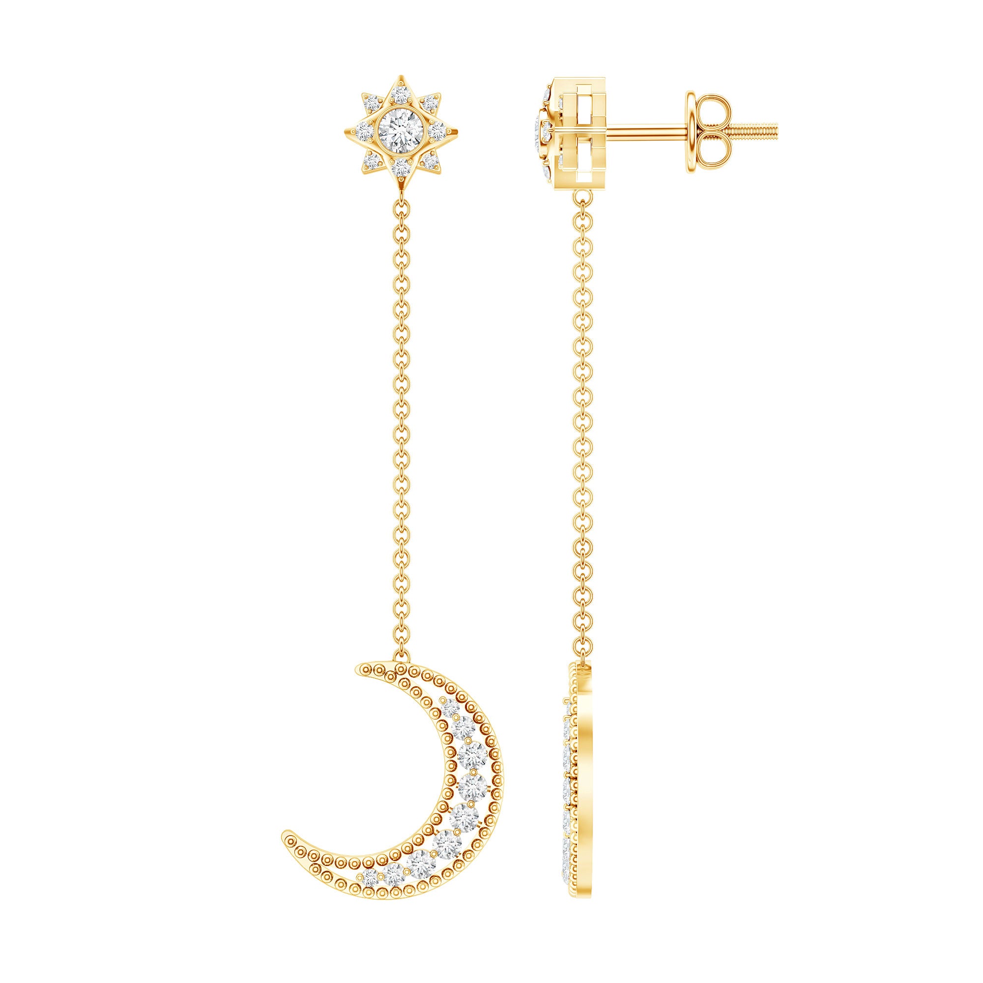 Certified Diamond Star and Moon Chain Earrings Natural - ( HI-SI ) - Rosec Jewels