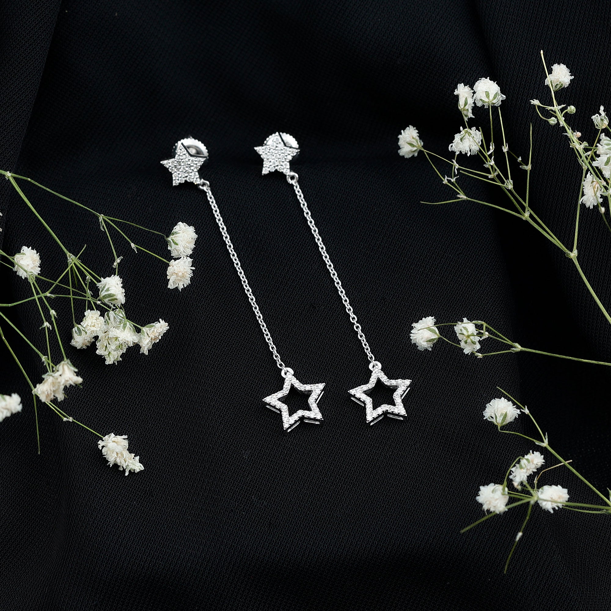 Certified Diamond Star Chain Earrings Natural - ( HI-SI ) - Rosec Jewels