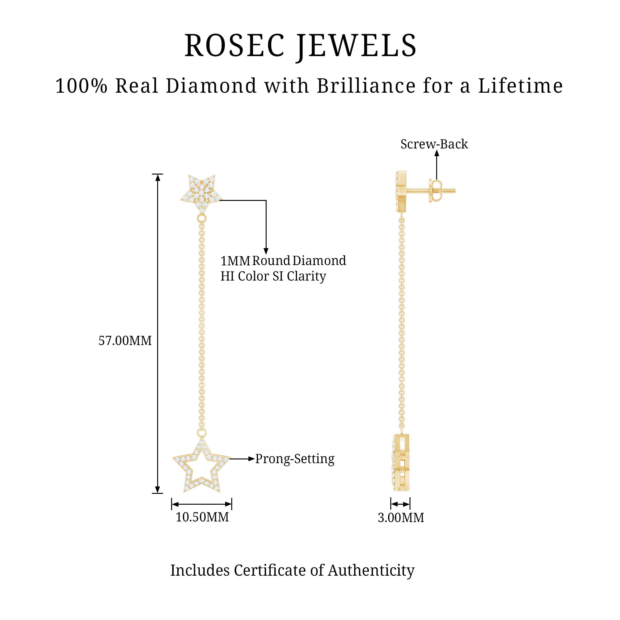 Certified Diamond Star Chain Earrings Natural - ( HI-SI ) - Rosec Jewels
