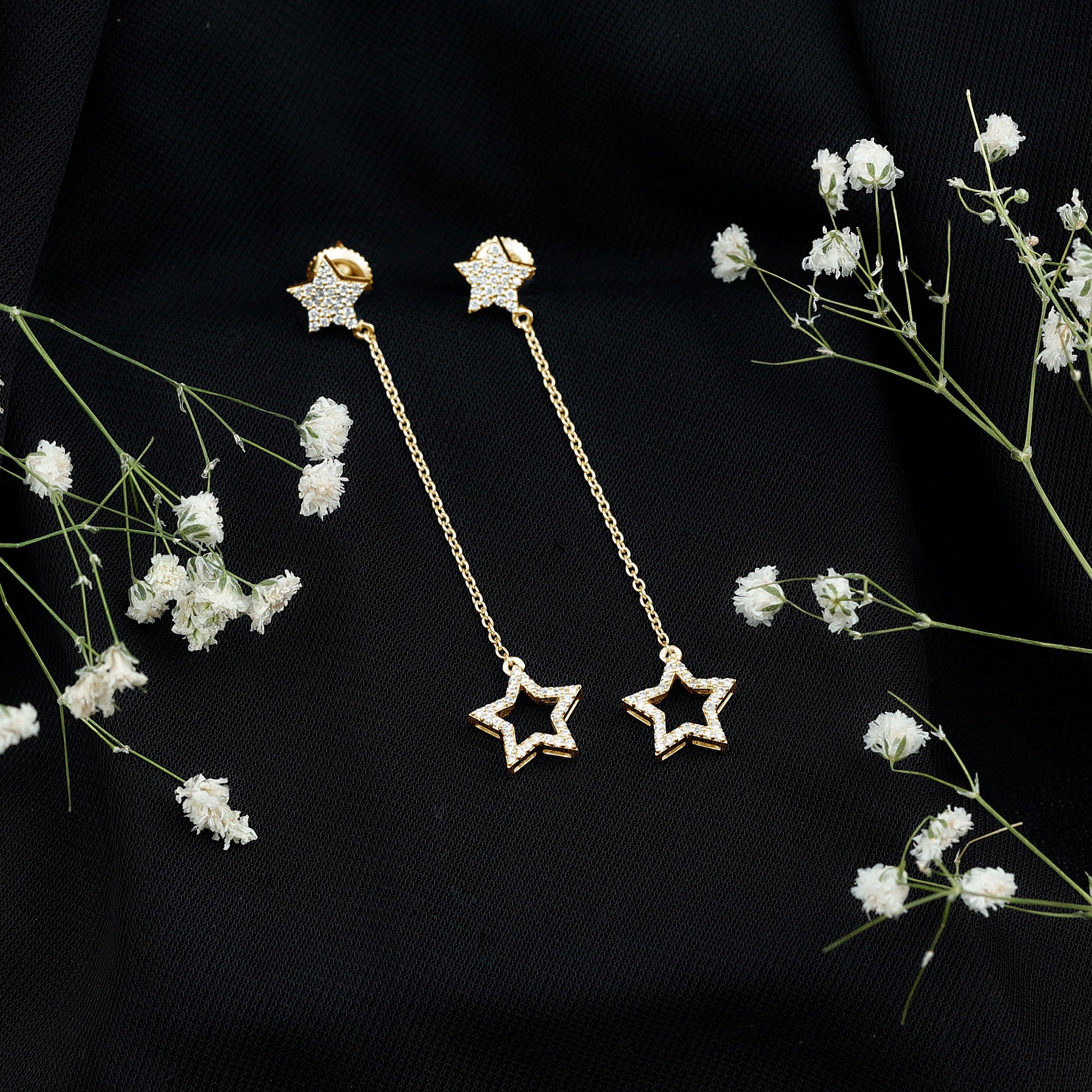 Certified Diamond Star Chain Earrings Natural - ( HI-SI ) - Rosec Jewels