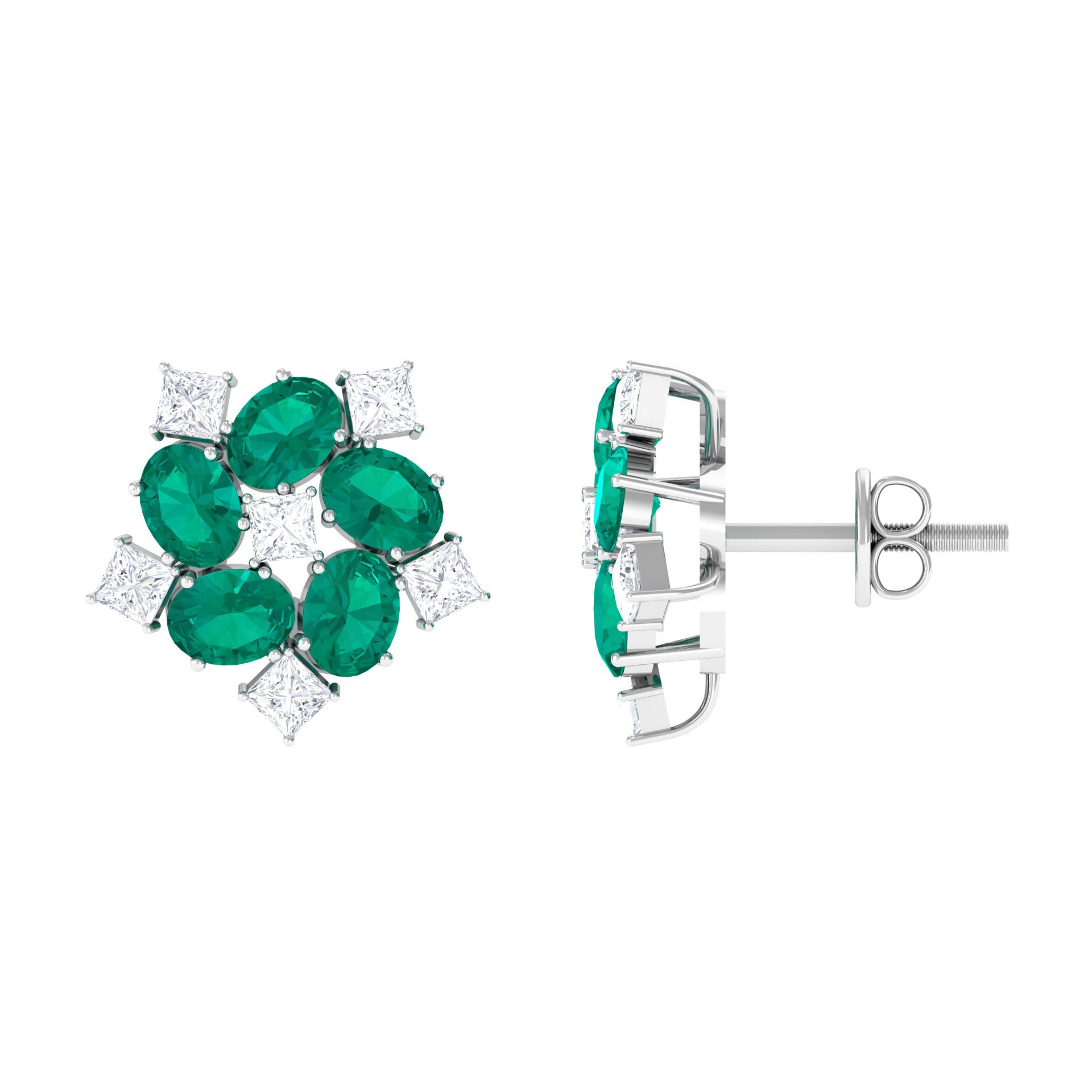 Cluster Stud Earrings with Emerald and Moissanite