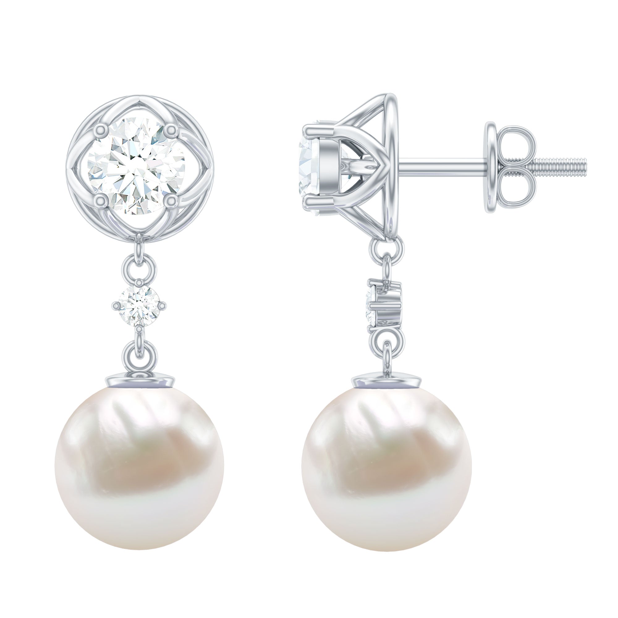 7MM Freshwater Pearl Flower Drop Earrings with Moissanite AAA - Rosec Jewels