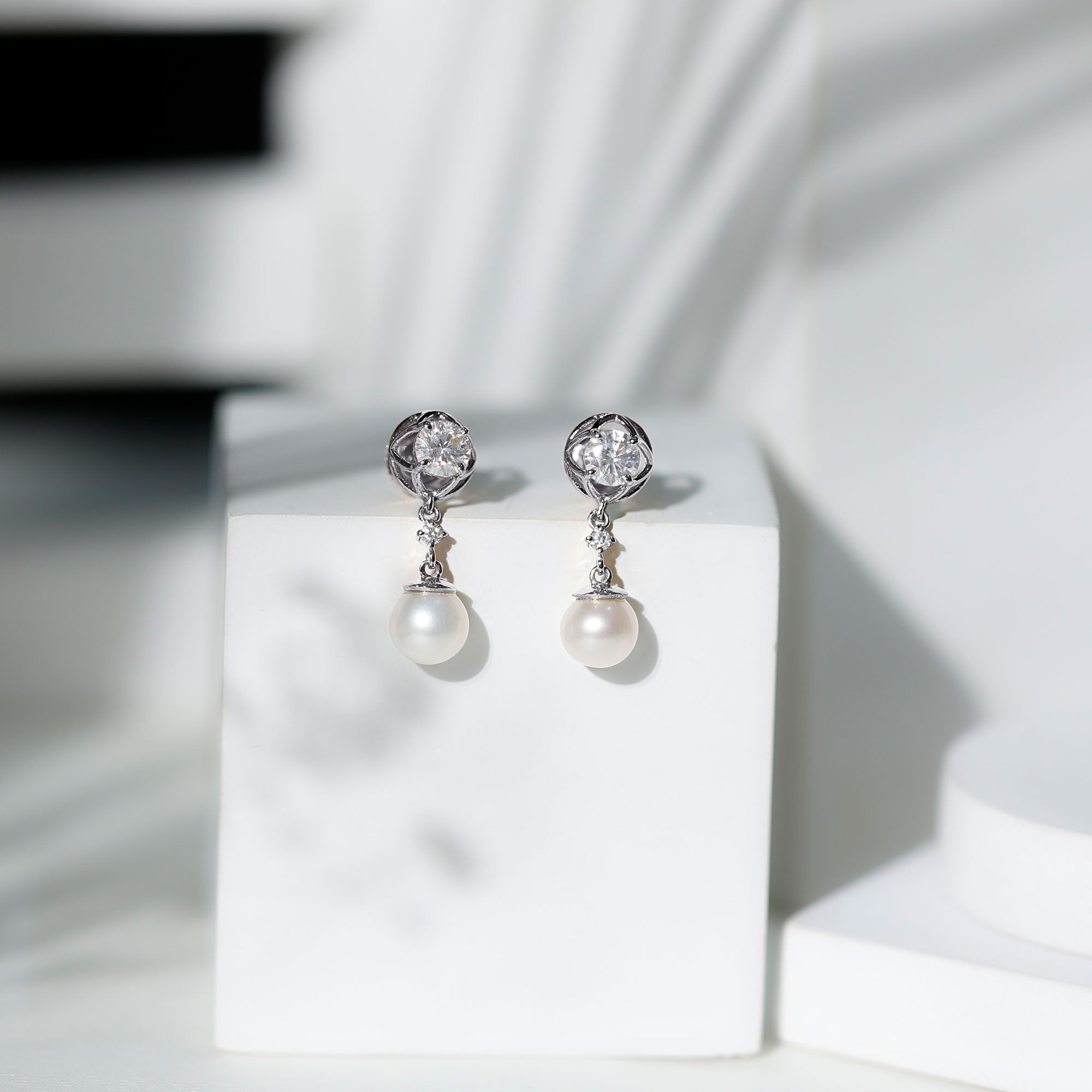 7MM Freshwater Pearl Flower Drop Earrings with Moissanite AAA - Rosec Jewels
