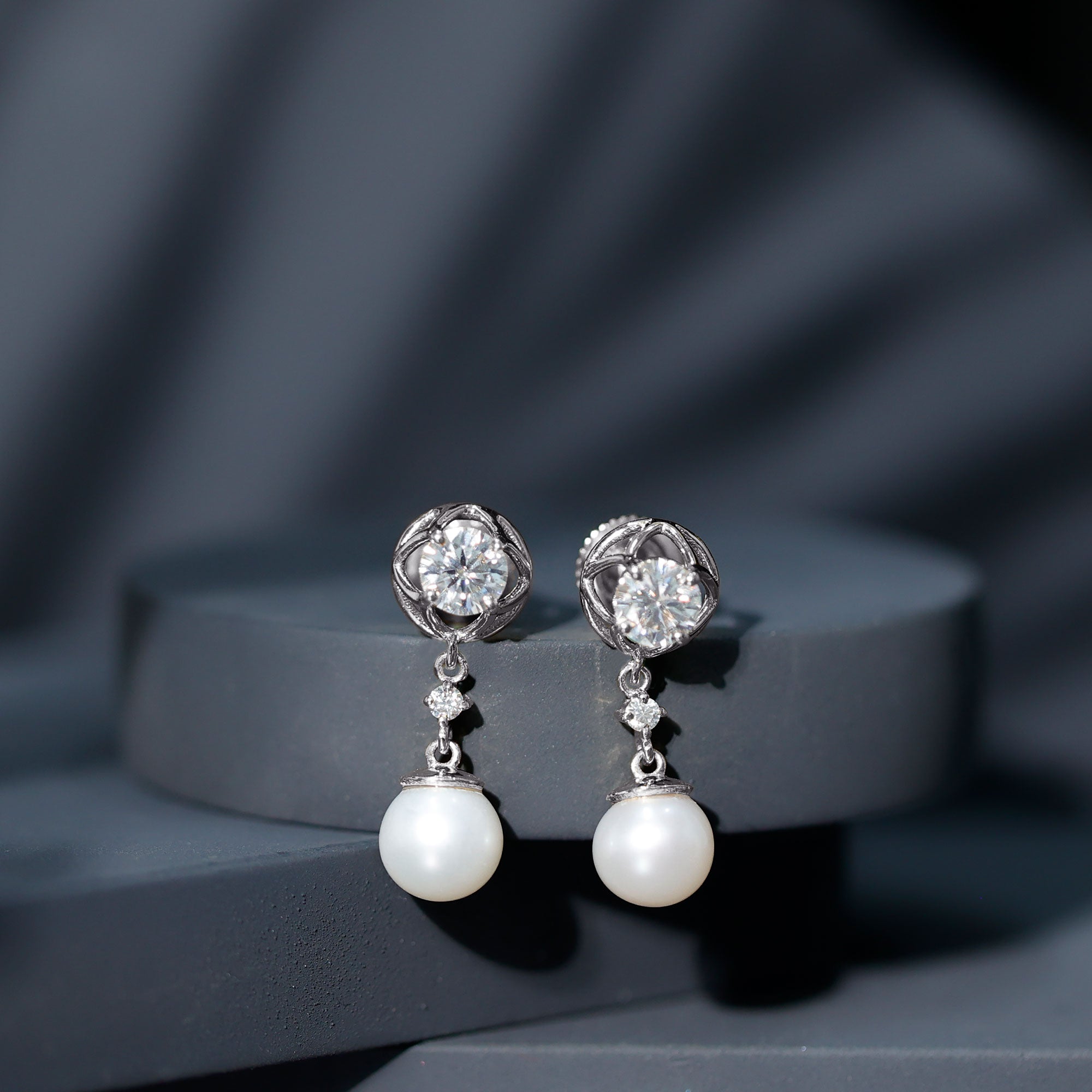 7MM Freshwater Pearl Flower Drop Earrings with Moissanite AAA - Rosec Jewels