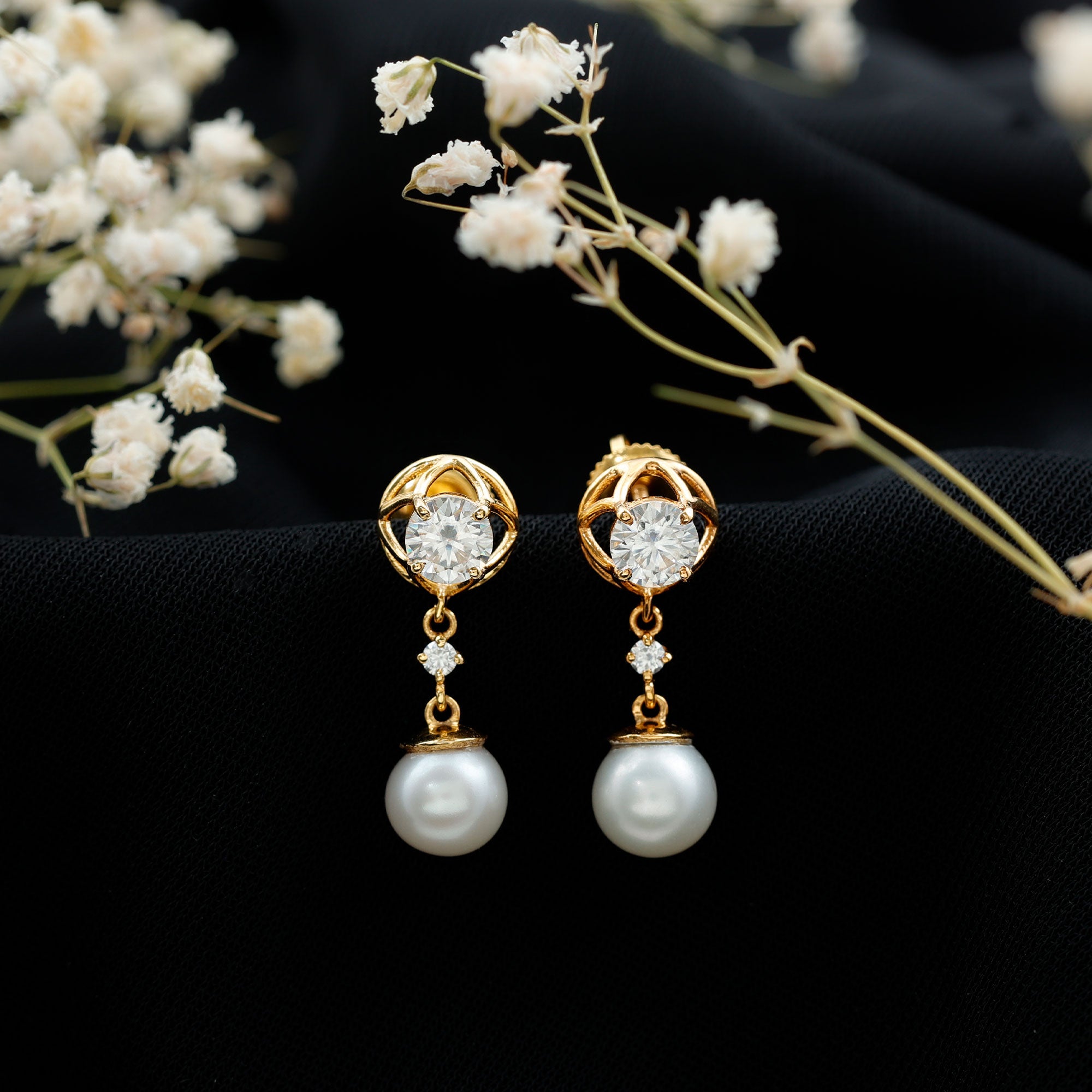 7MM Freshwater Pearl Flower Drop Earrings with Moissanite AAA - Rosec Jewels