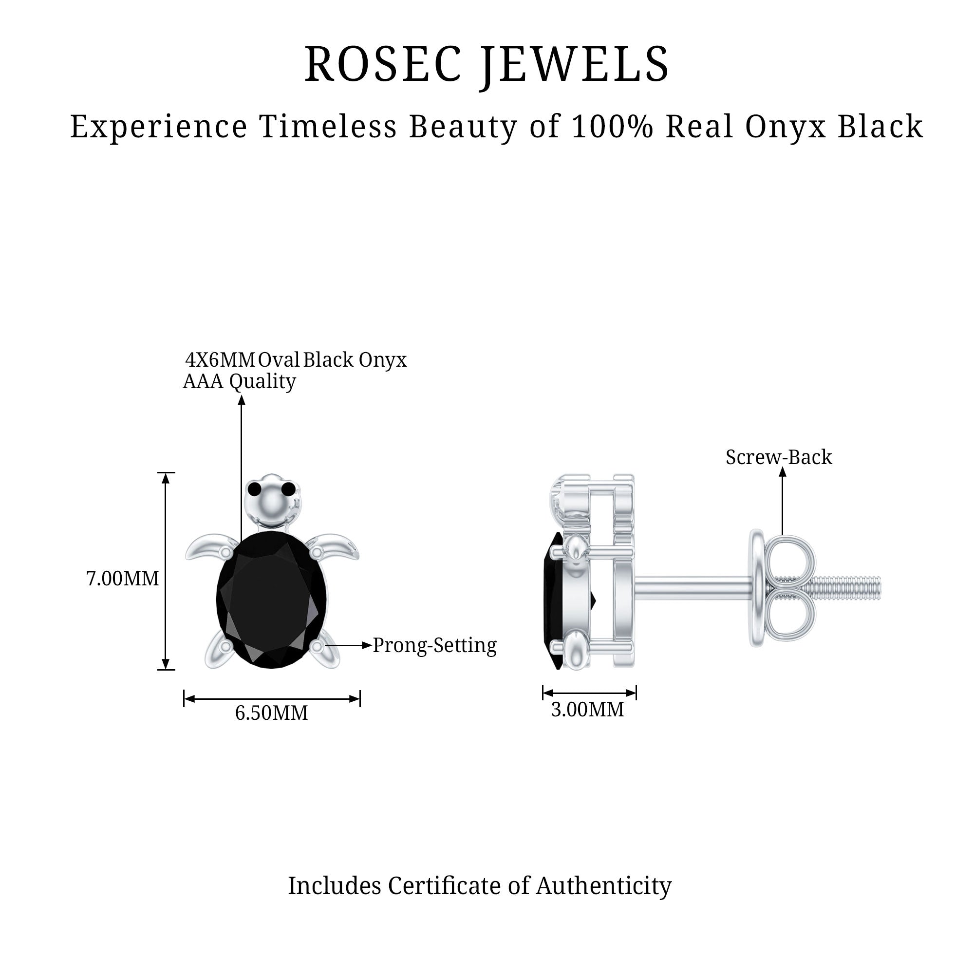 Oval Shaped Black Onyx Turtle Stud Earrings AAA - Rosec Jewels