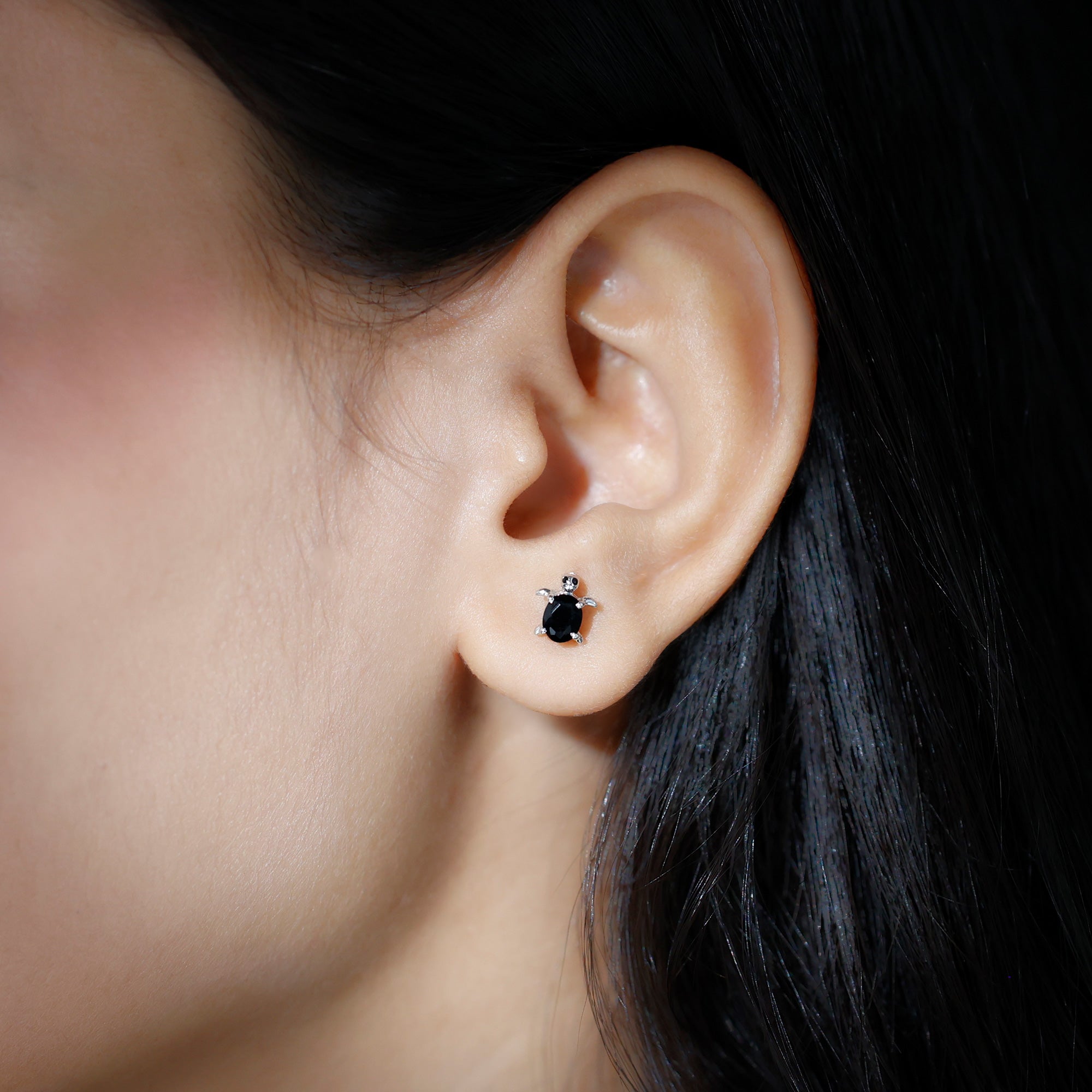 Oval Shaped Black Onyx Turtle Stud Earrings AAA - Rosec Jewels