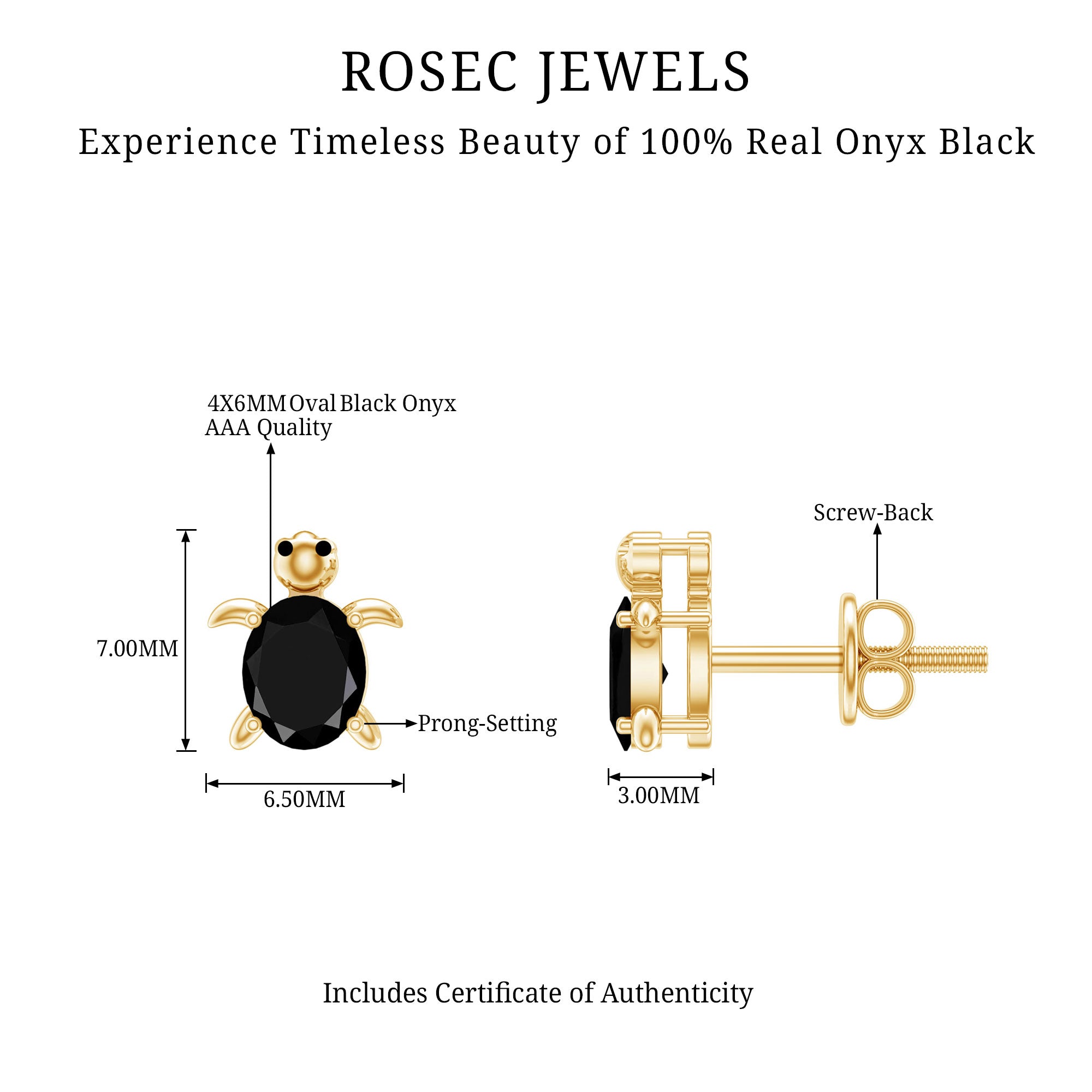 Oval Shaped Black Onyx Turtle Stud Earrings AAA - Rosec Jewels