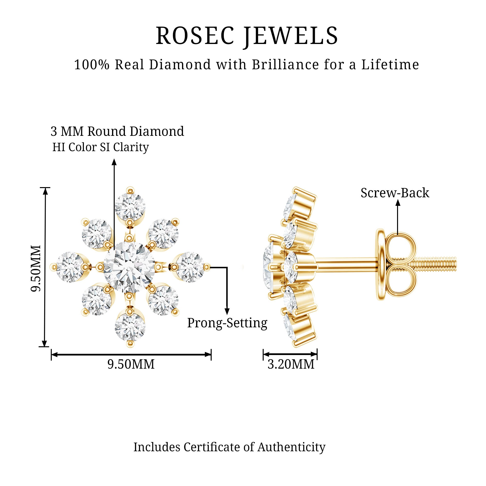 Round Cut Diamond Flower Stud Earrings for Women Natural - ( HI-SI ) - Rosec Jewels