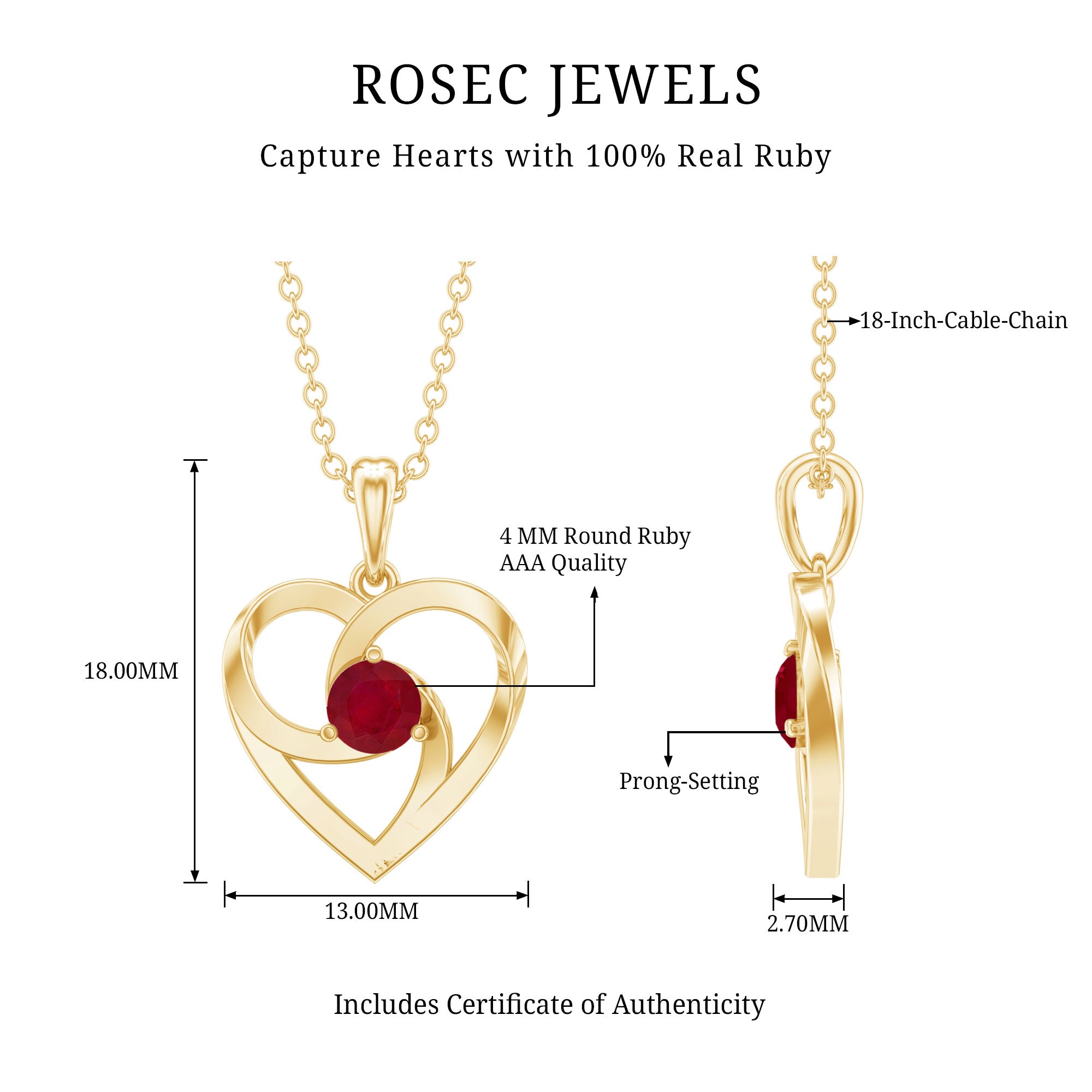 0.25 Carat Round Cut Solitaire Ruby Heart Pendant Necklace AAA - Rosec Jewels